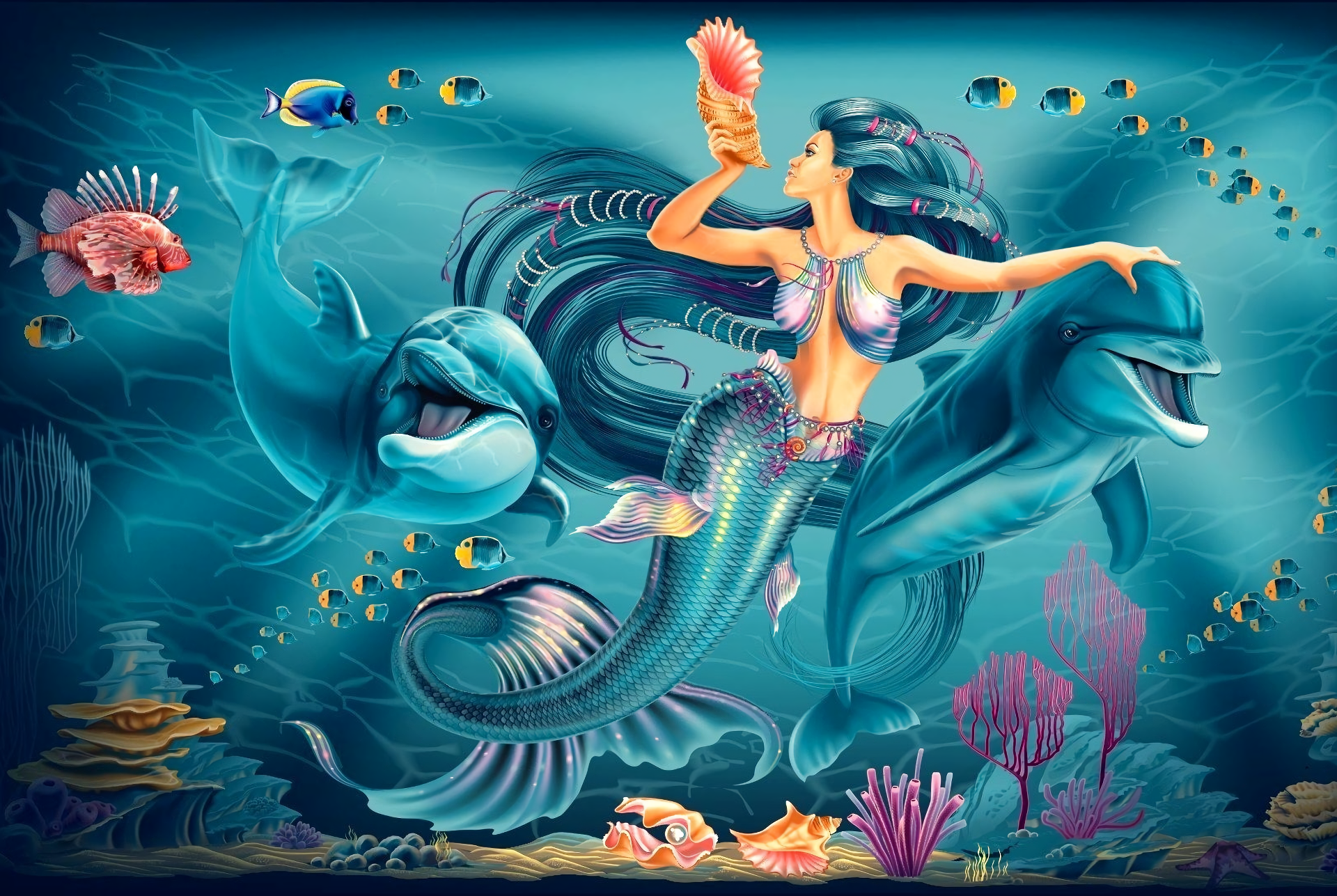 Blue Hair Coral Dolphin Fantasy Fish Long Hair Mermaid Plant Shell Underwater 1920x1287