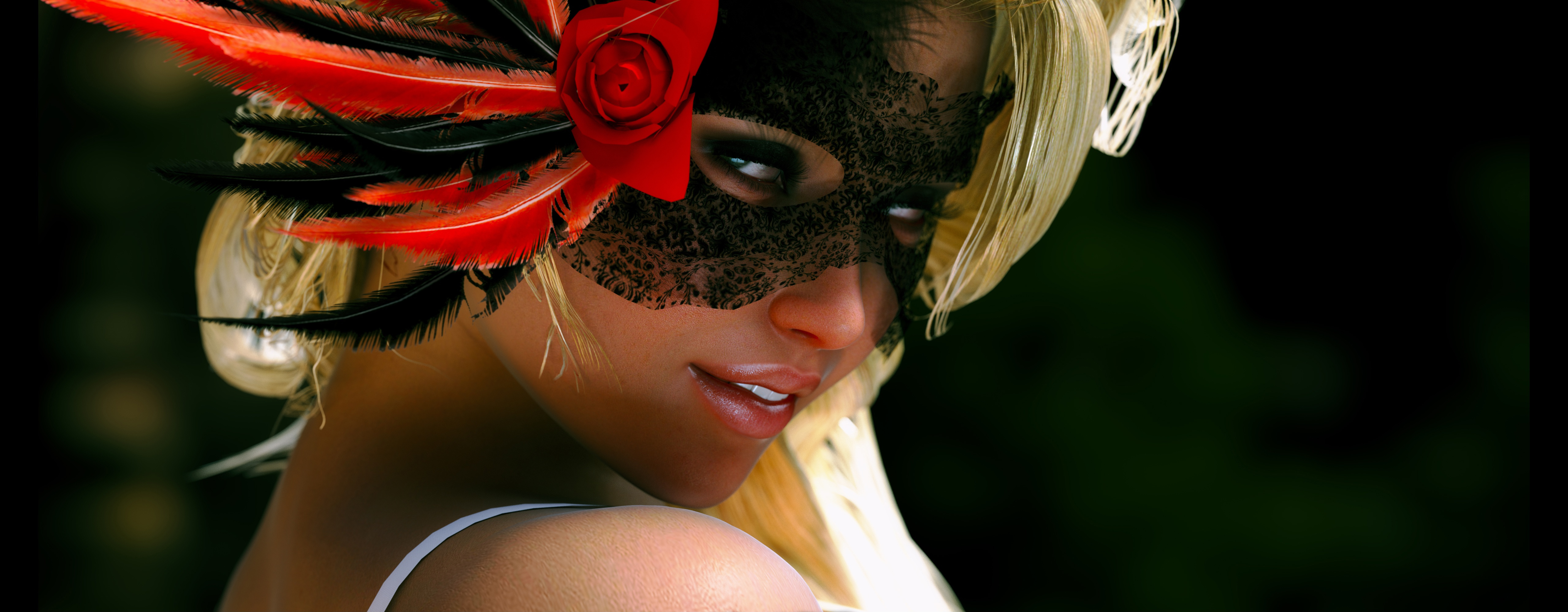 Black Feather Girl Mask Rose Woman 5116x1998