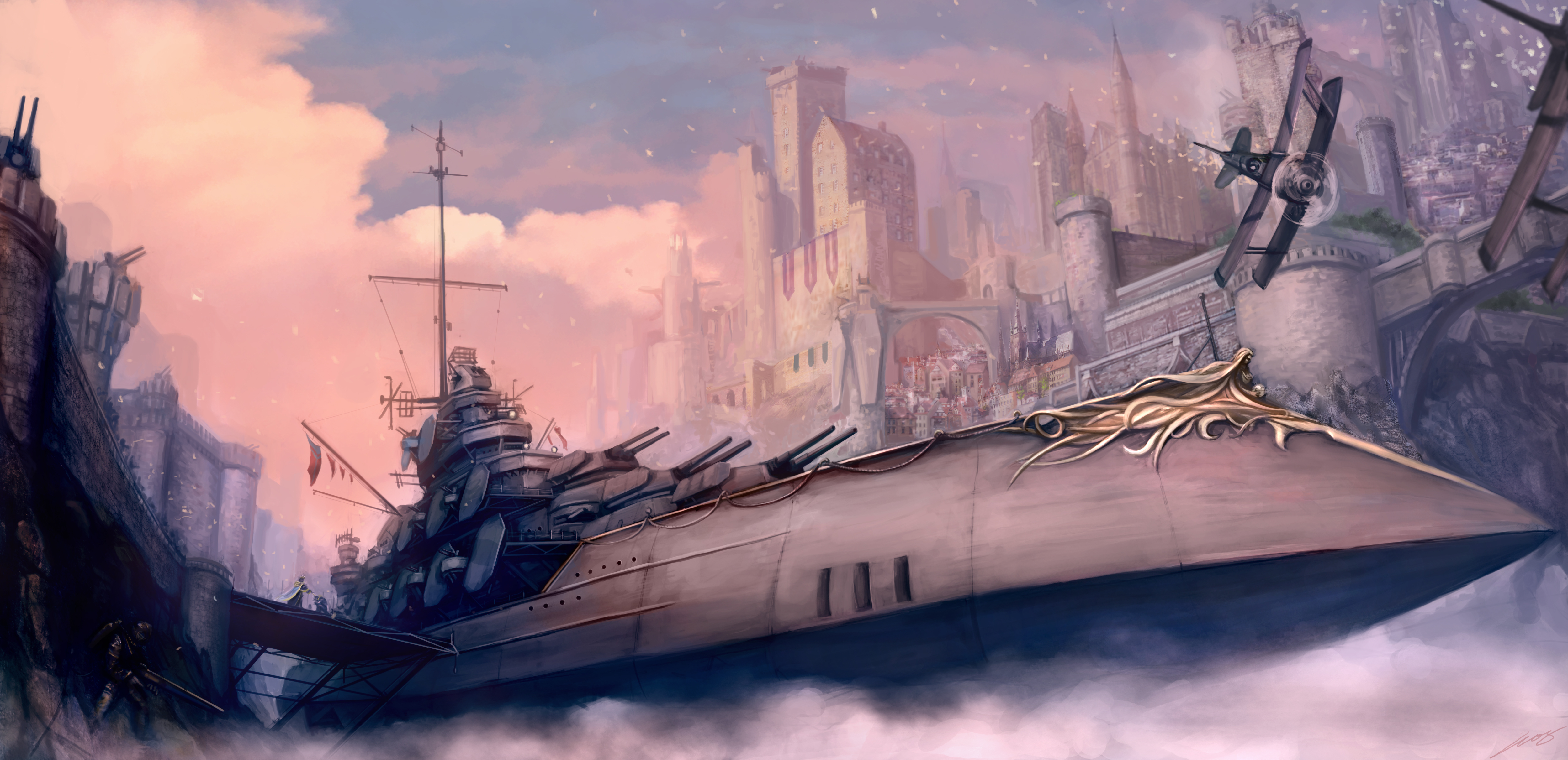 City Steampunk Warship 5000x2426