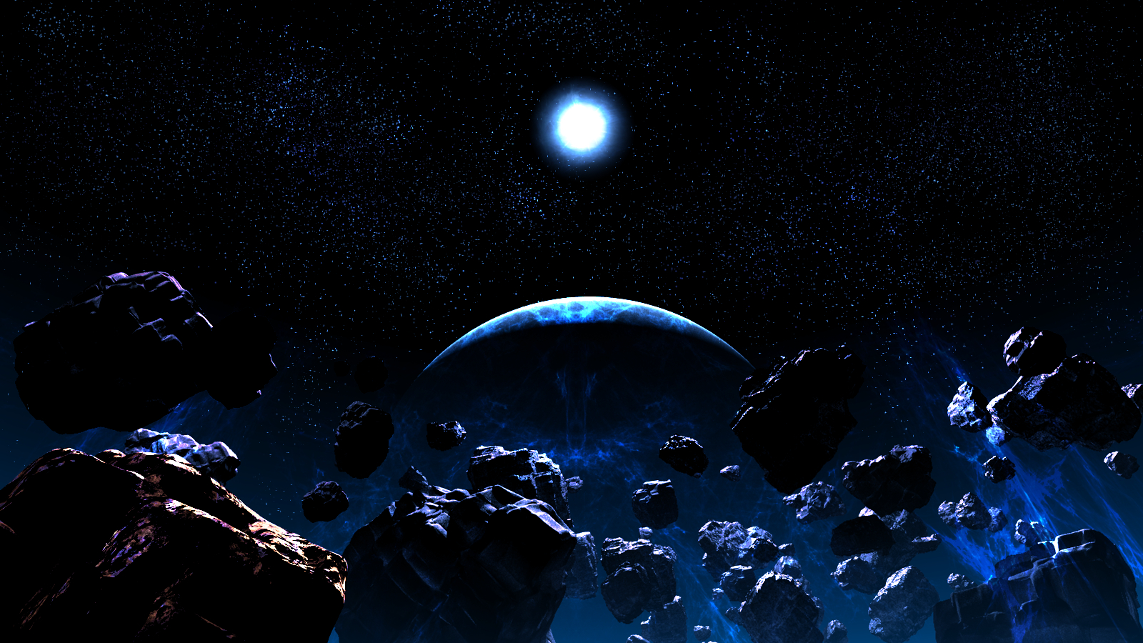 3d Asteroid Black Blue Cgi Original Anime Planet Space Stars 1600x900