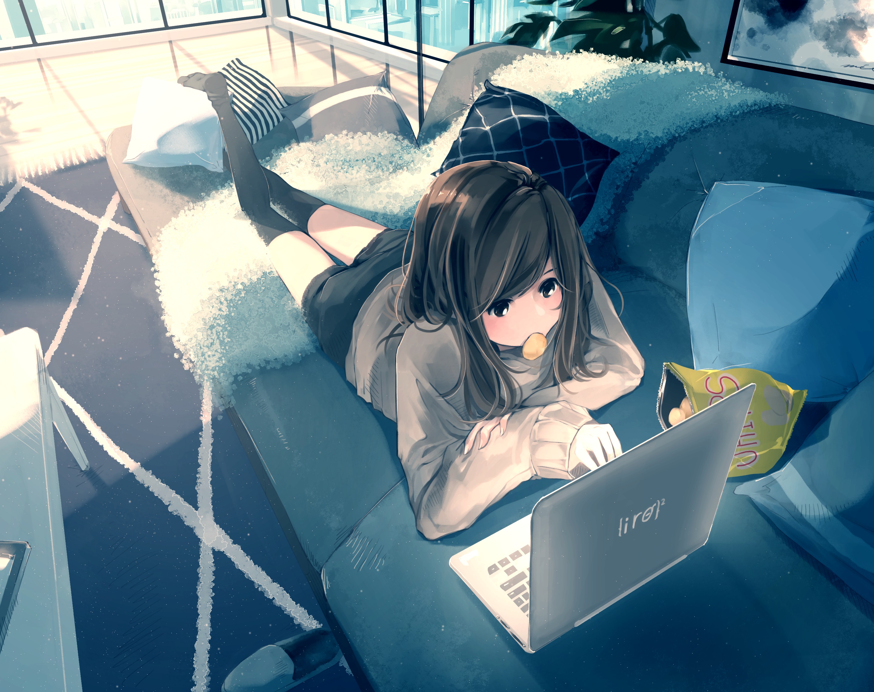 Black Eyes Brown Hair Chips Couch Laptop Long Hair 2888x2288