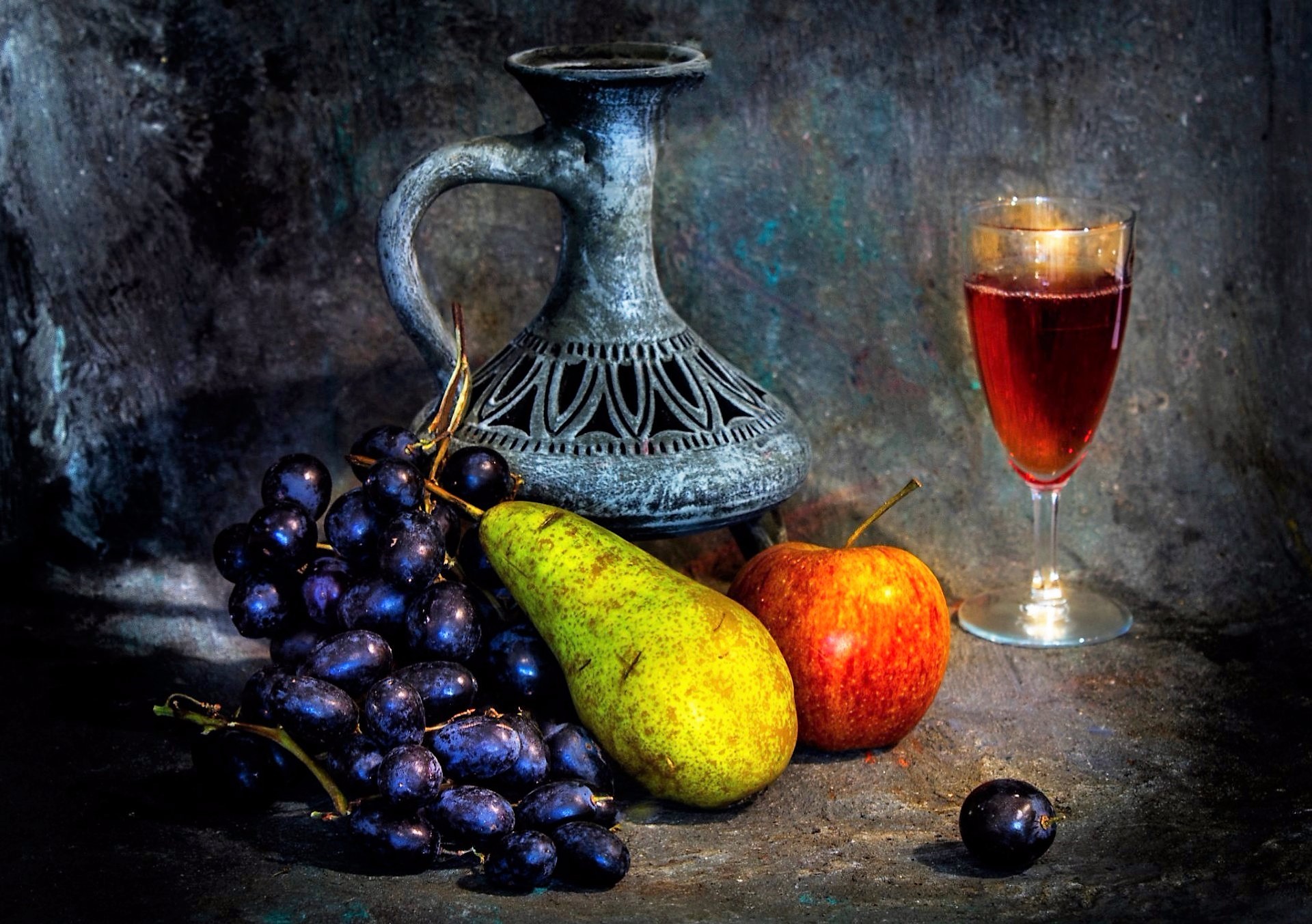 Apple Grapes Pear Pitcher Still Life Wine 1920x1353