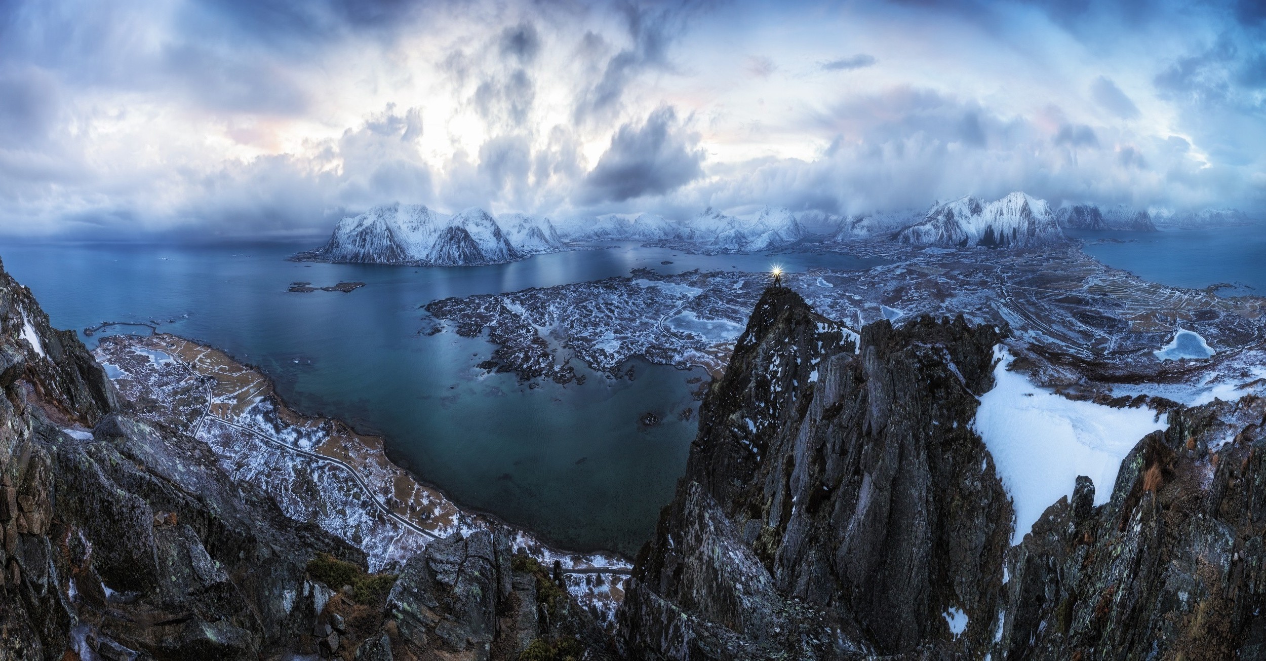 Lake Landscape Lofoten Mountain Norway Snow Winter 2500x1305