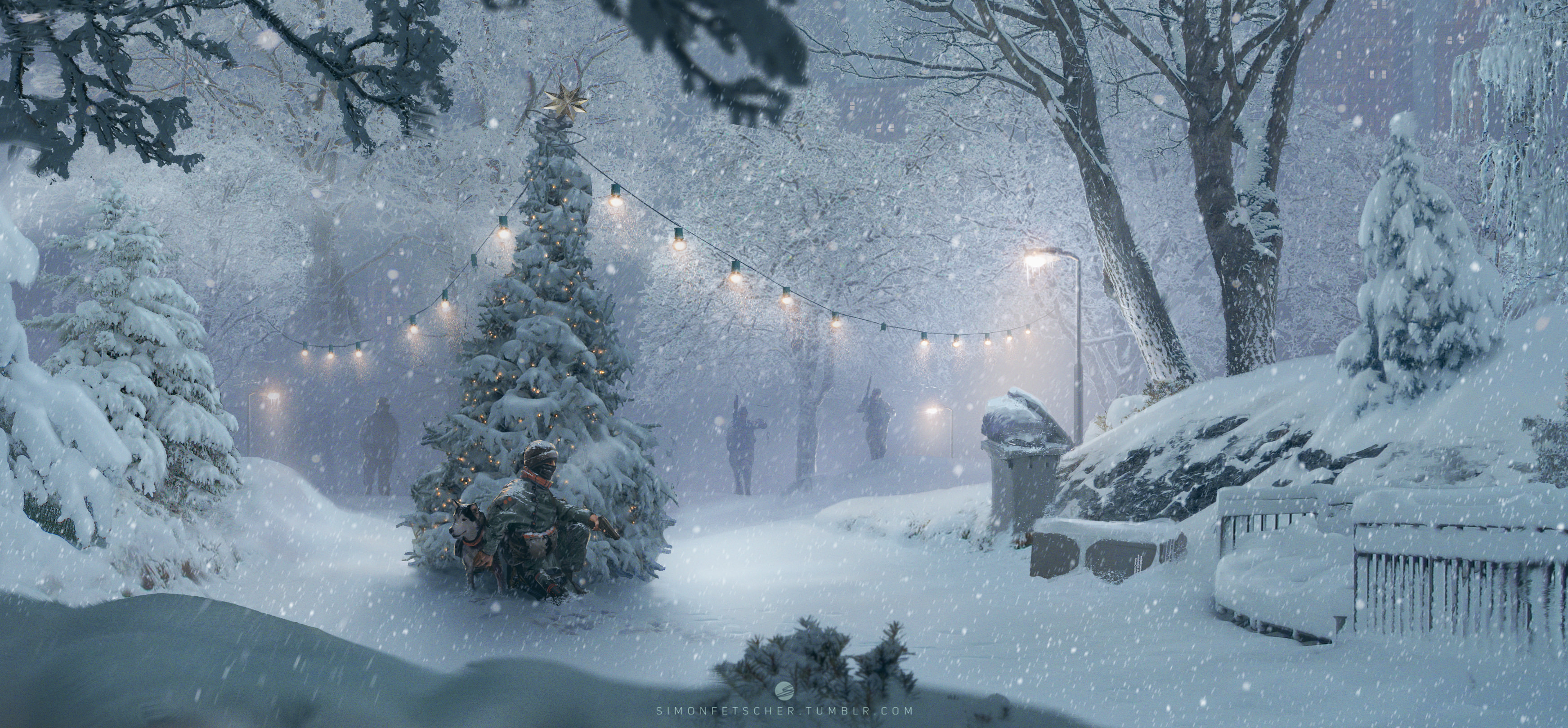 Snow Winter Artwork Dog Soldier Military Gun Lights Night Dark Snowing Trees Trash Christmas Lights  3486x1619