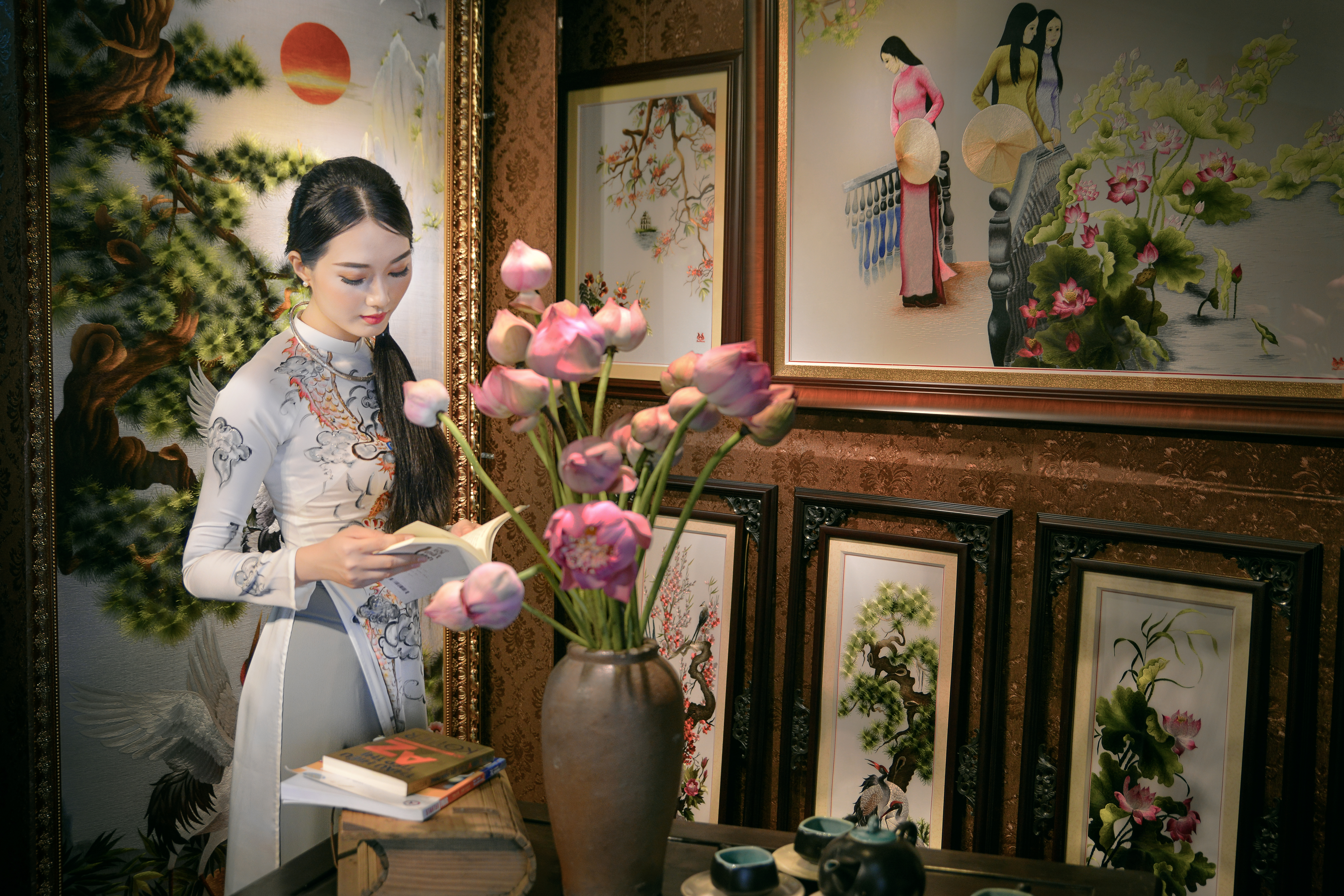 Ao Dai Asian Book Bouquet Flower Girl Necklace Painting Vietnamese 6811x4541