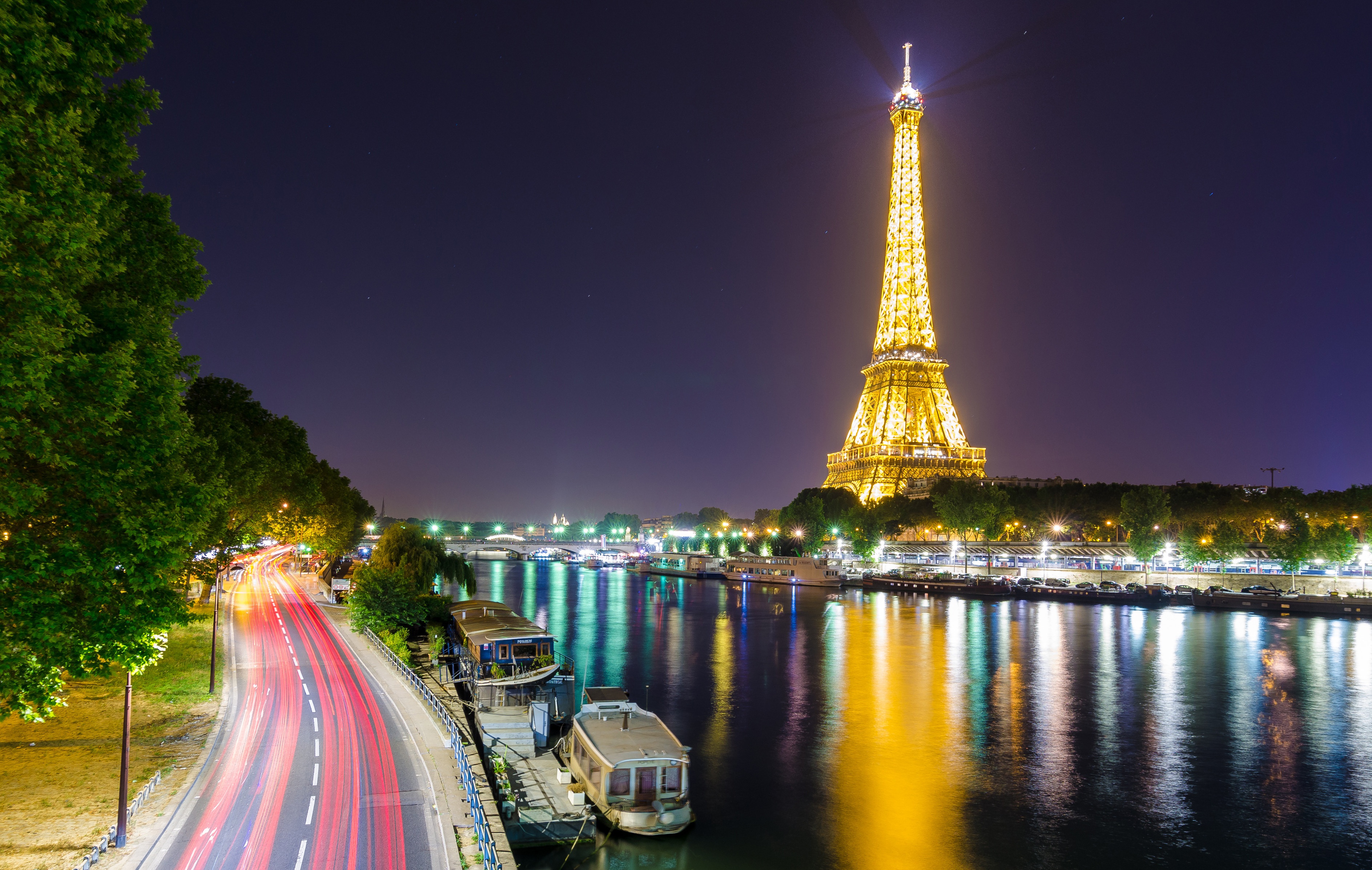 Eiffel Tower France Light Night Paris River Road Time Lapse 3775x2394