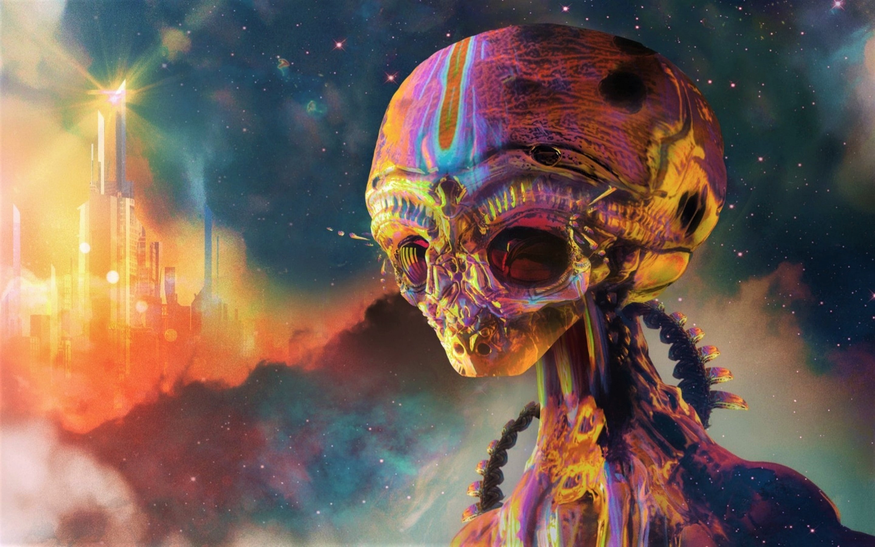 Alien Colorful Head Psychedelic Skeleton 2880x1800