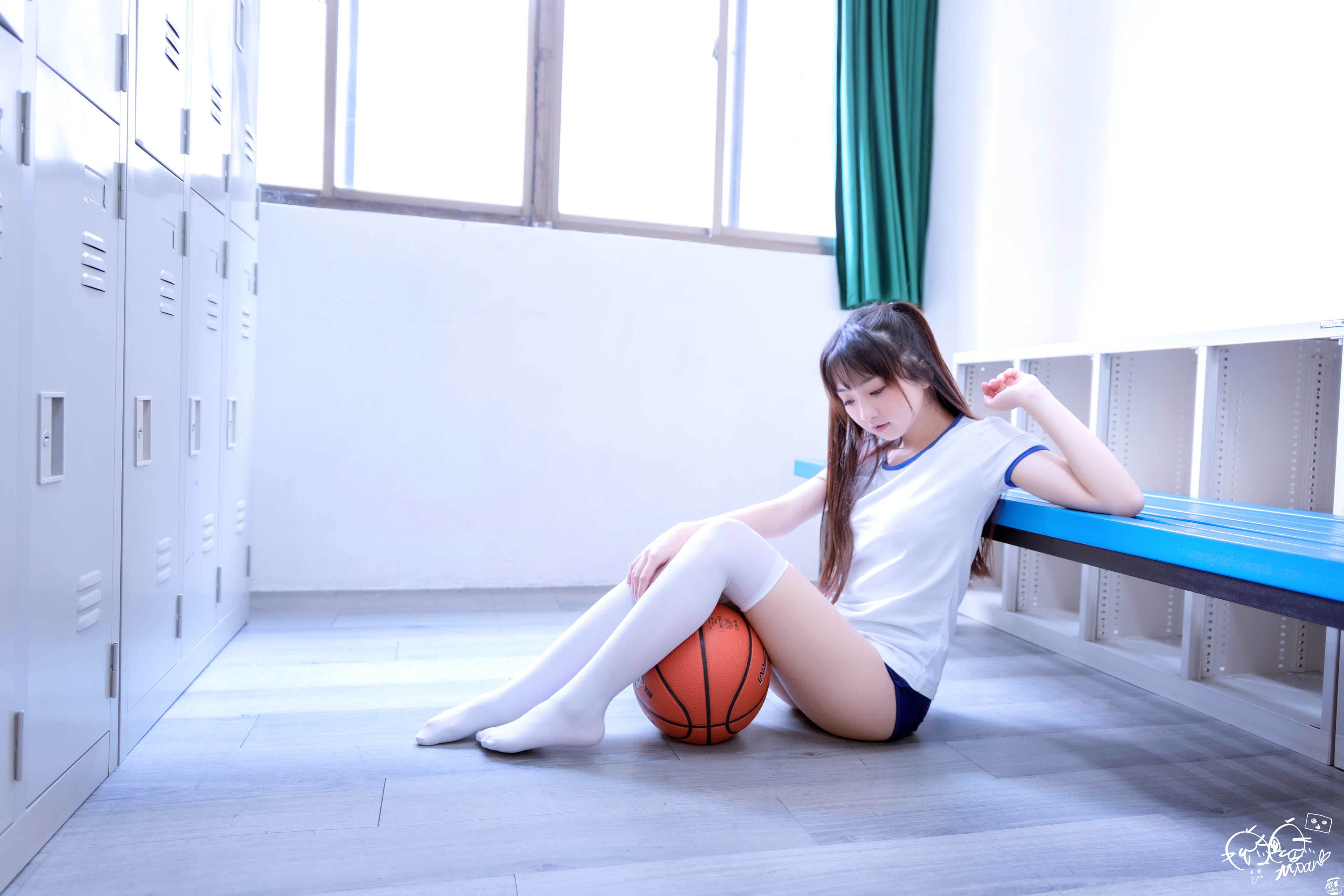 Asian Women Model Long Hair Brunette School School Uniform Basketball Bench Locker Room Lockers T Sh 4096x2731
