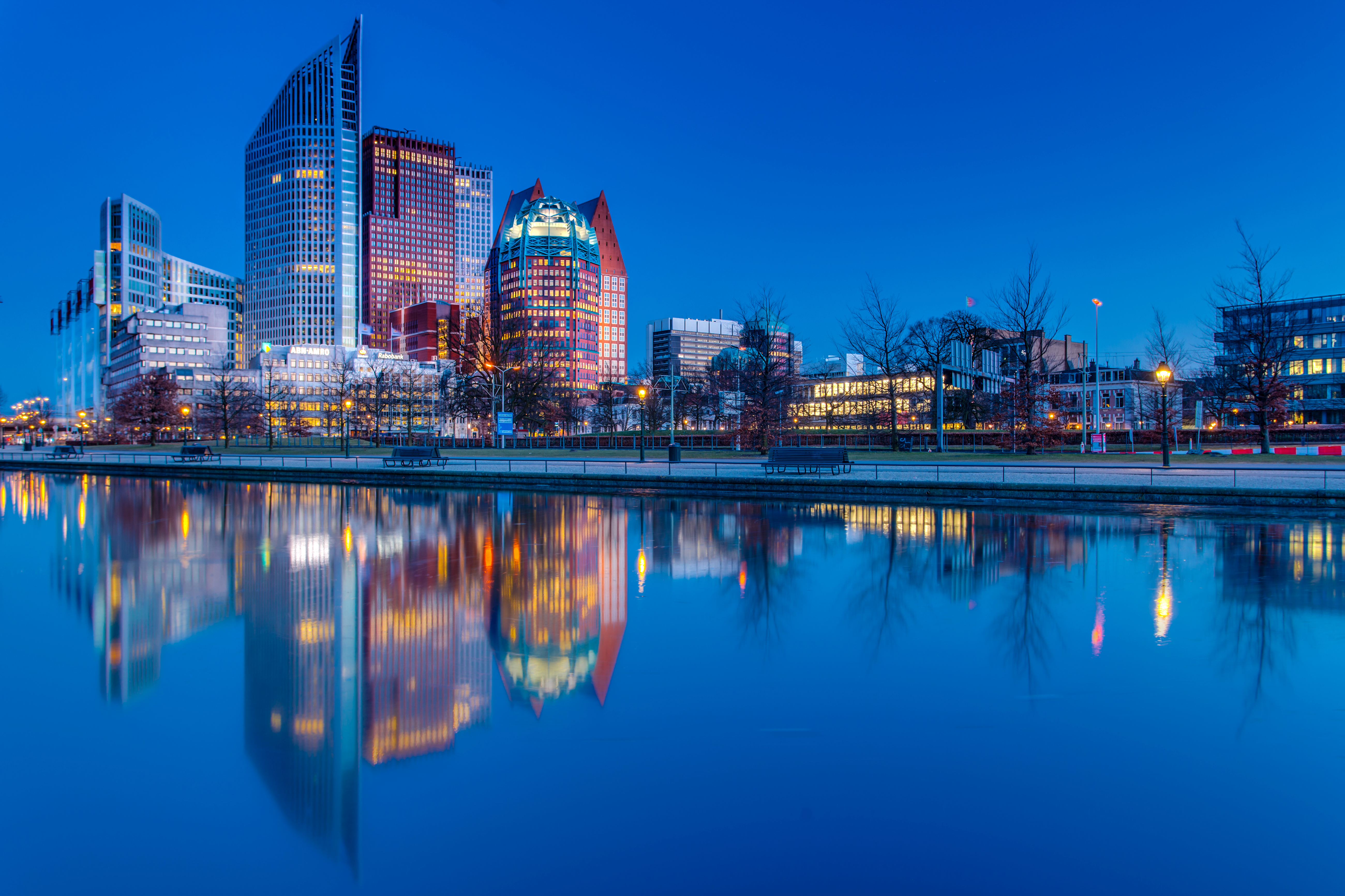 Building City Netherlands Night Reflection River Skyscraper The Hague 5200x3467