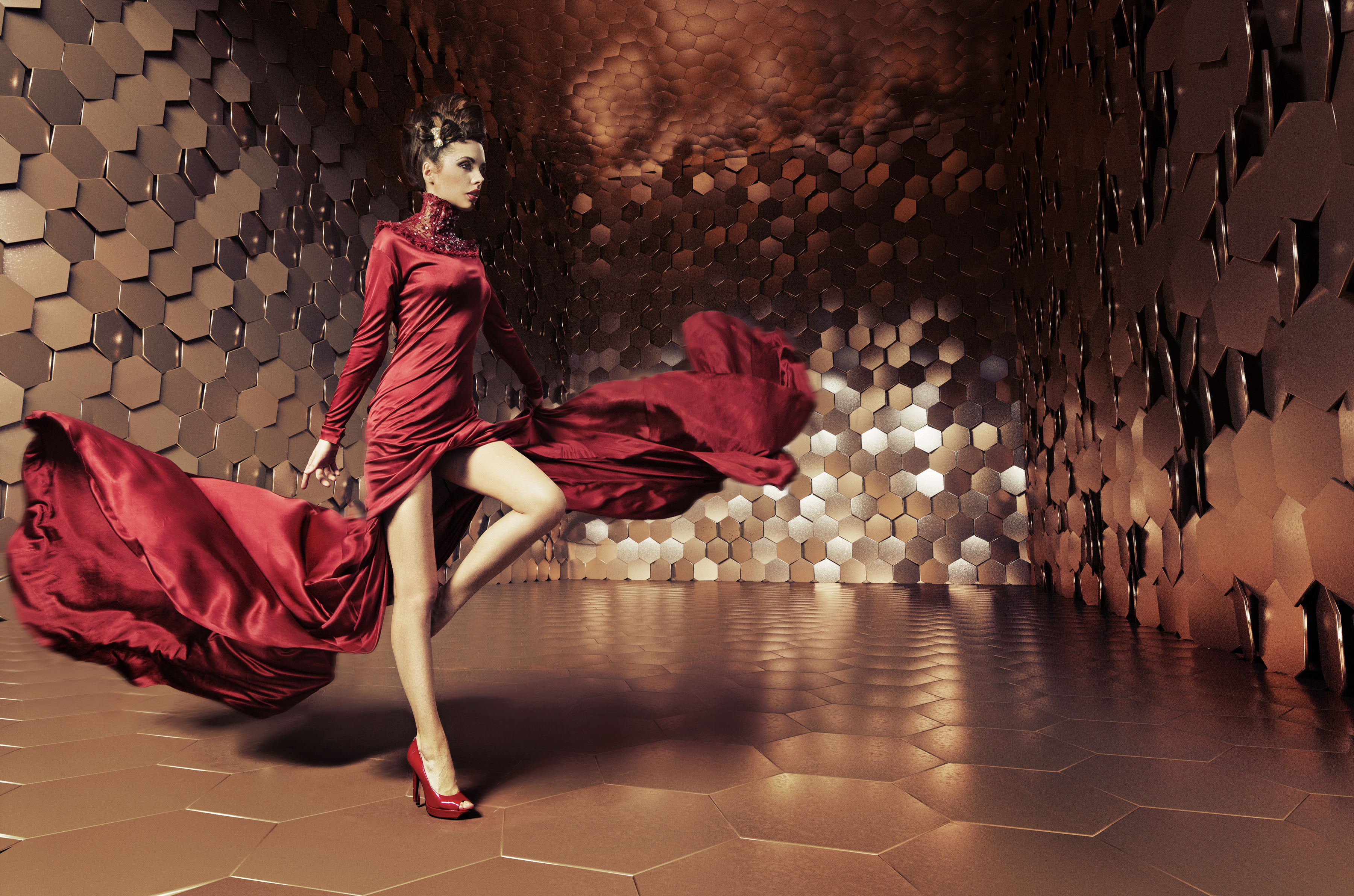 Brunette Girl Hexagon High Heels Model Red Dress Woman 3600x2384