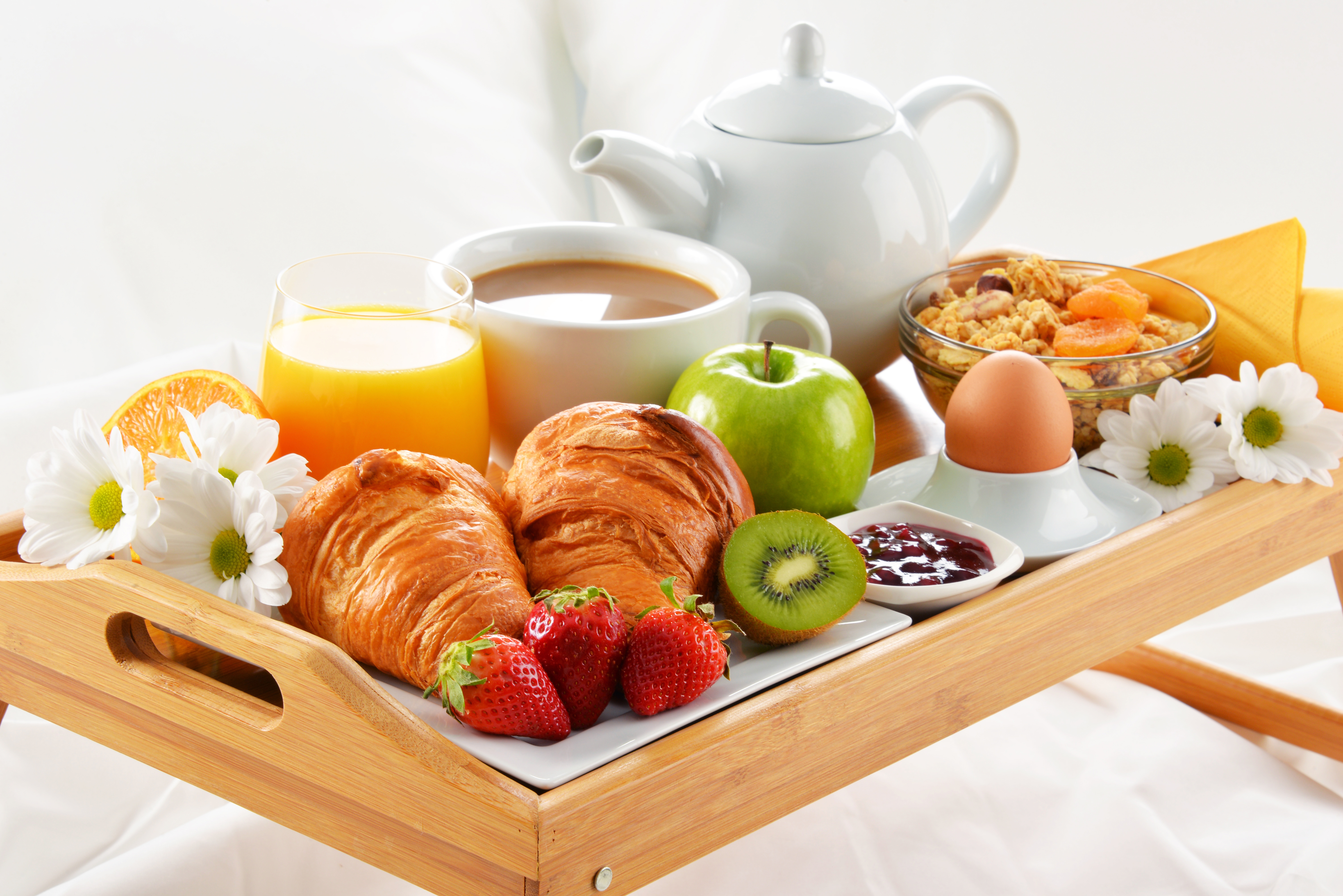 Breakfast Coffee Croissant Cup Flower Fruit Jam Muesli 6016x4016