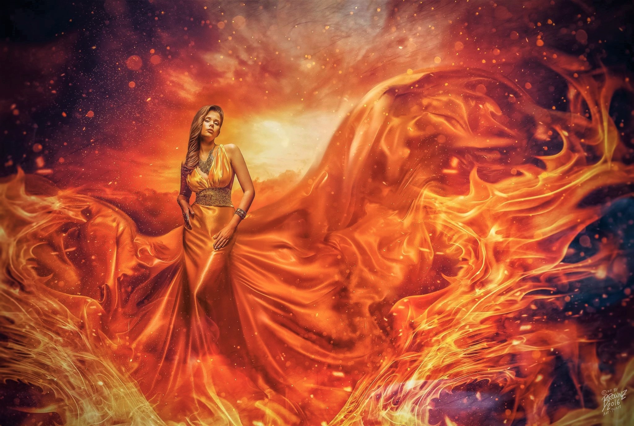 Artistic Fire Flame Girl Gown Orange Dress Woman Orange Color 2048x1376
