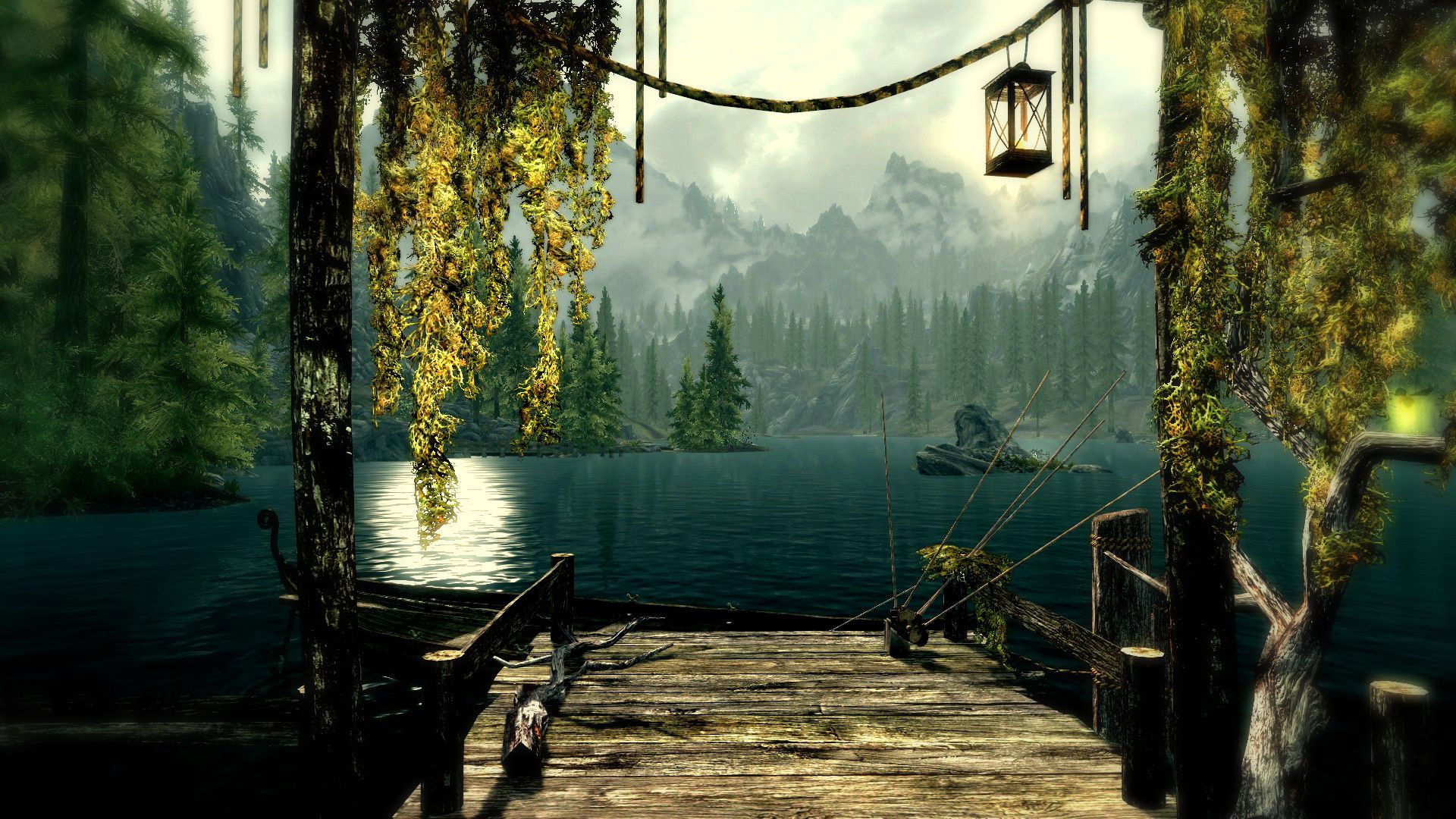 Dock Fantasy Lake Skyrim Tree 1920x1080