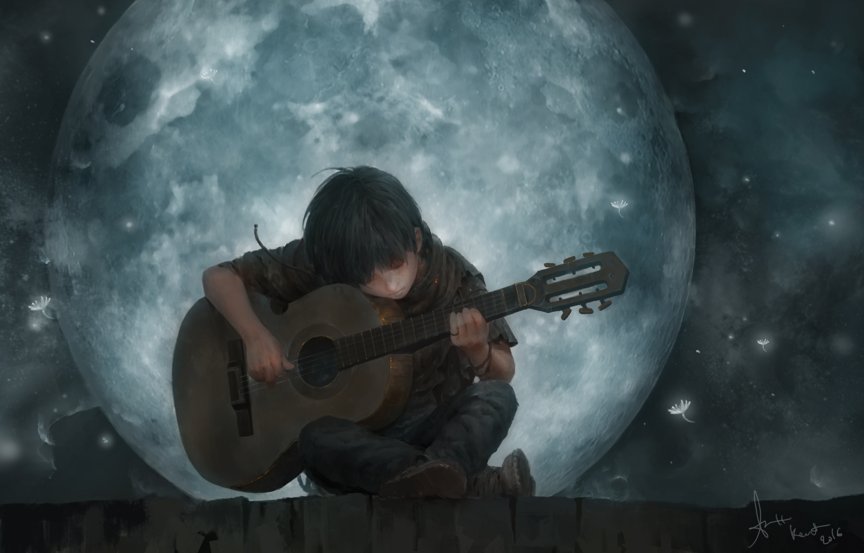 Boy Child Guitar Little Boy Moon Night 2757x1767