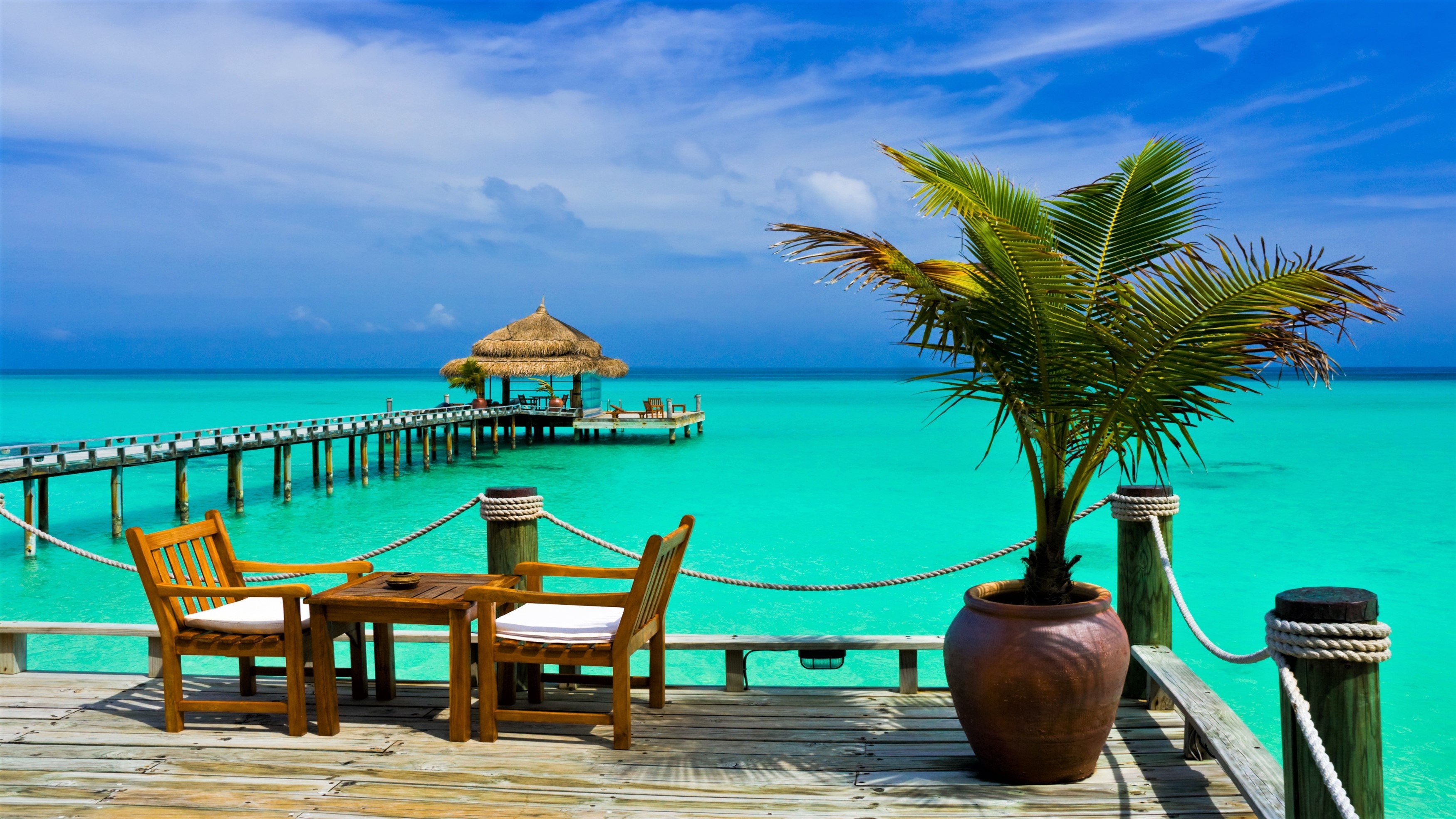 Chair Horizon Hut Ocean Pier Resort Sea Tropical Turquoise 3500x1969