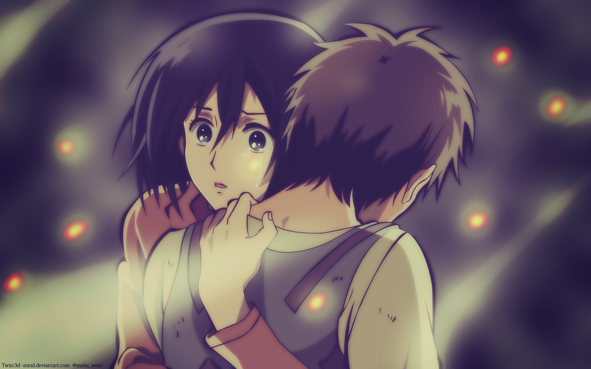 Anime Attack On Titan Black Eyes Black Hair Boy Brown Hair Eren Yeager Girl Hug Mikasa Ackerman Shin 1920x1200