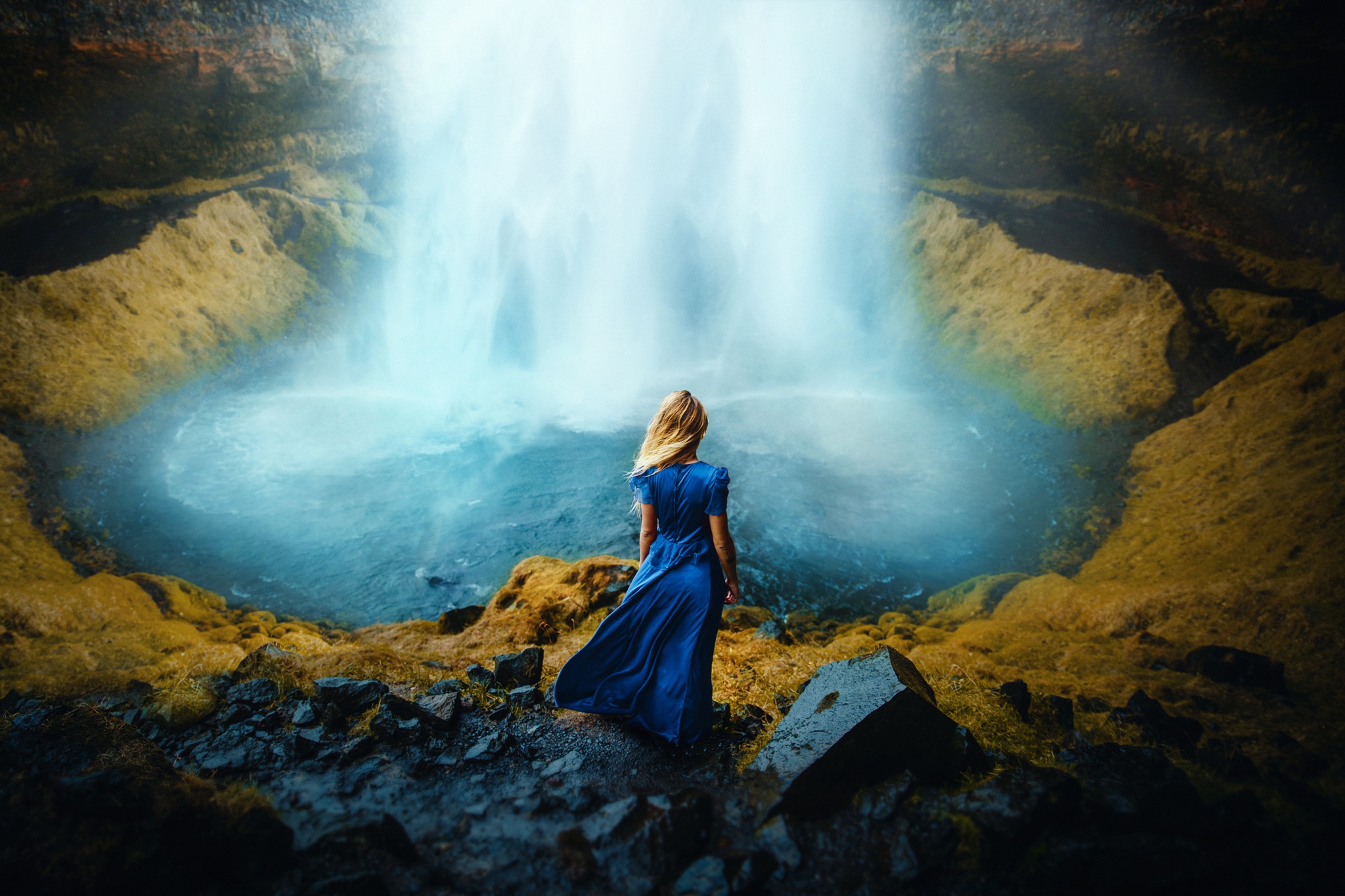 Blonde Blue Dress Girl Rear Waterfall Woman 2048x1365