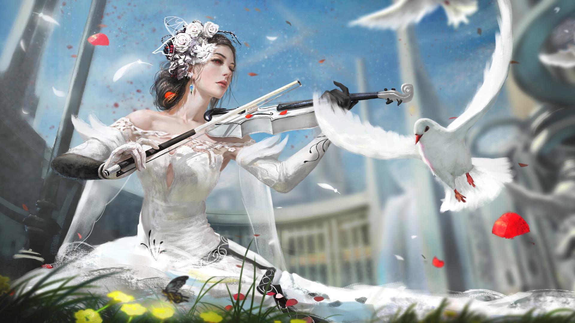 Bird Dove Dress Girl Red Eyes Violin White Dress 1920x1080