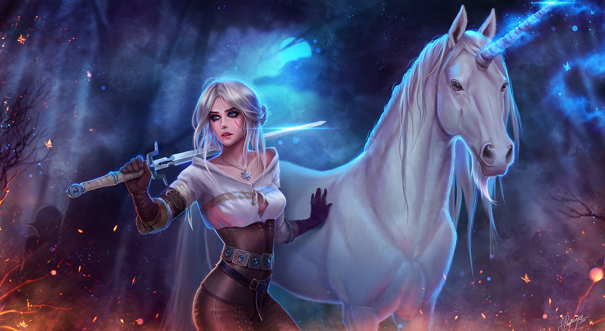 Ciri The Witcher Girl Night Sword The Witcher 3 Wild Hunt Unicorn White Hair Woman Warrior 1975x1080