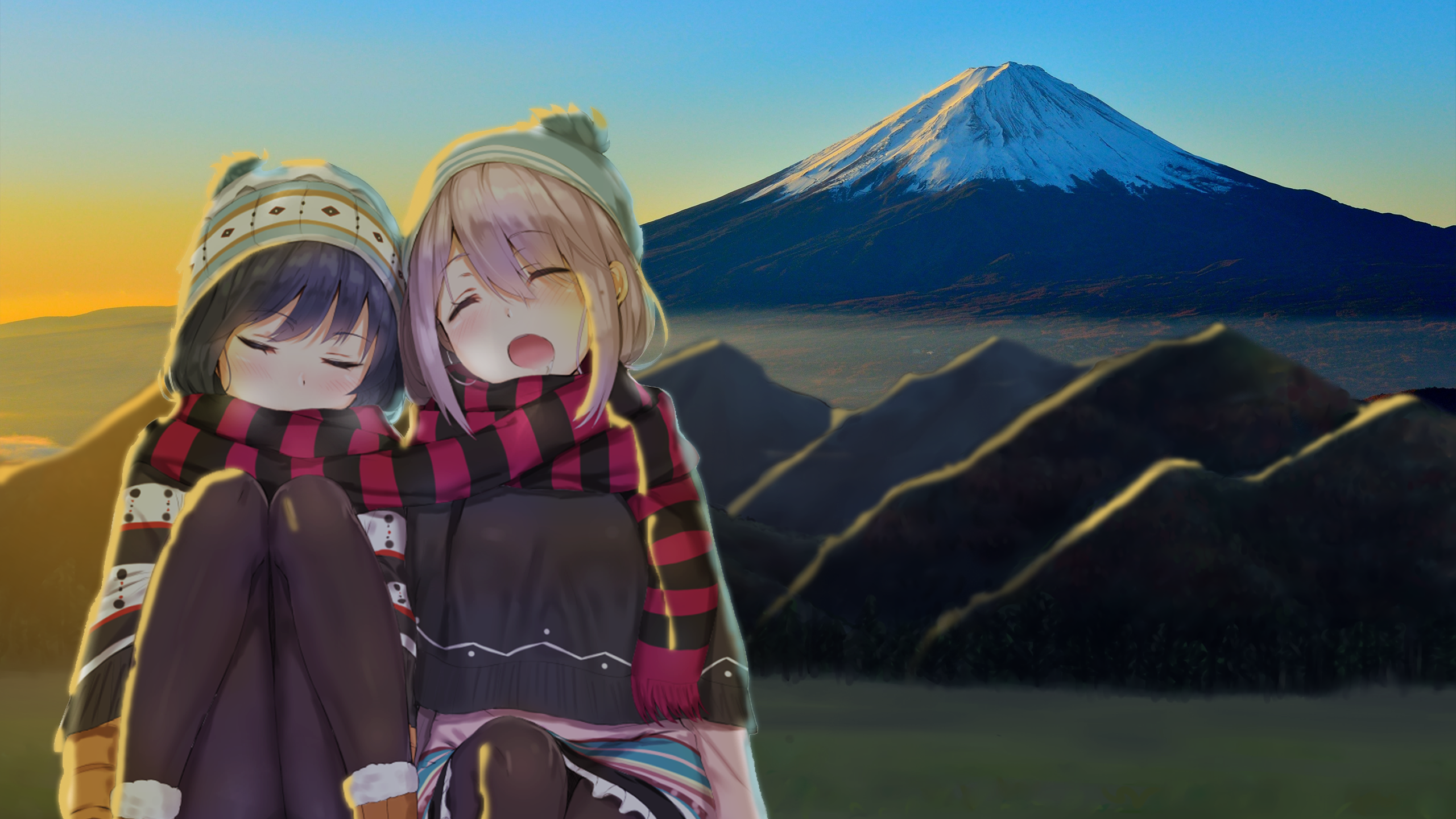Anime Blush Girl Hat Laid Back Camp Landscape Mount Fuji Mountain Nadeshiko Kagamihara Rin Shima Sca 2560x1440