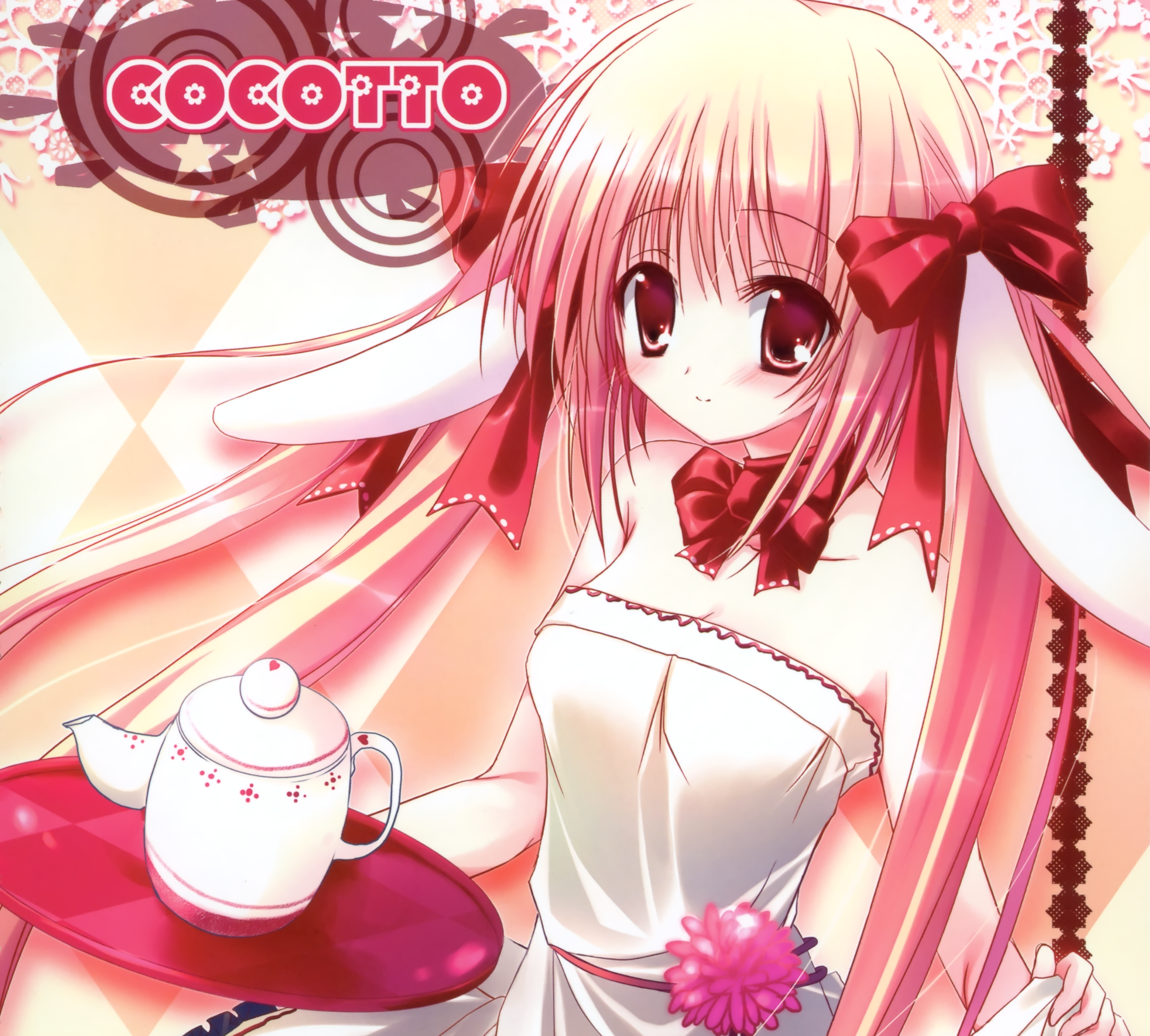 Blush Bunny Ears Long Hair Pink Hair Red Eyes Smile Teapot Twintails Bow Clothing 2416x2176
