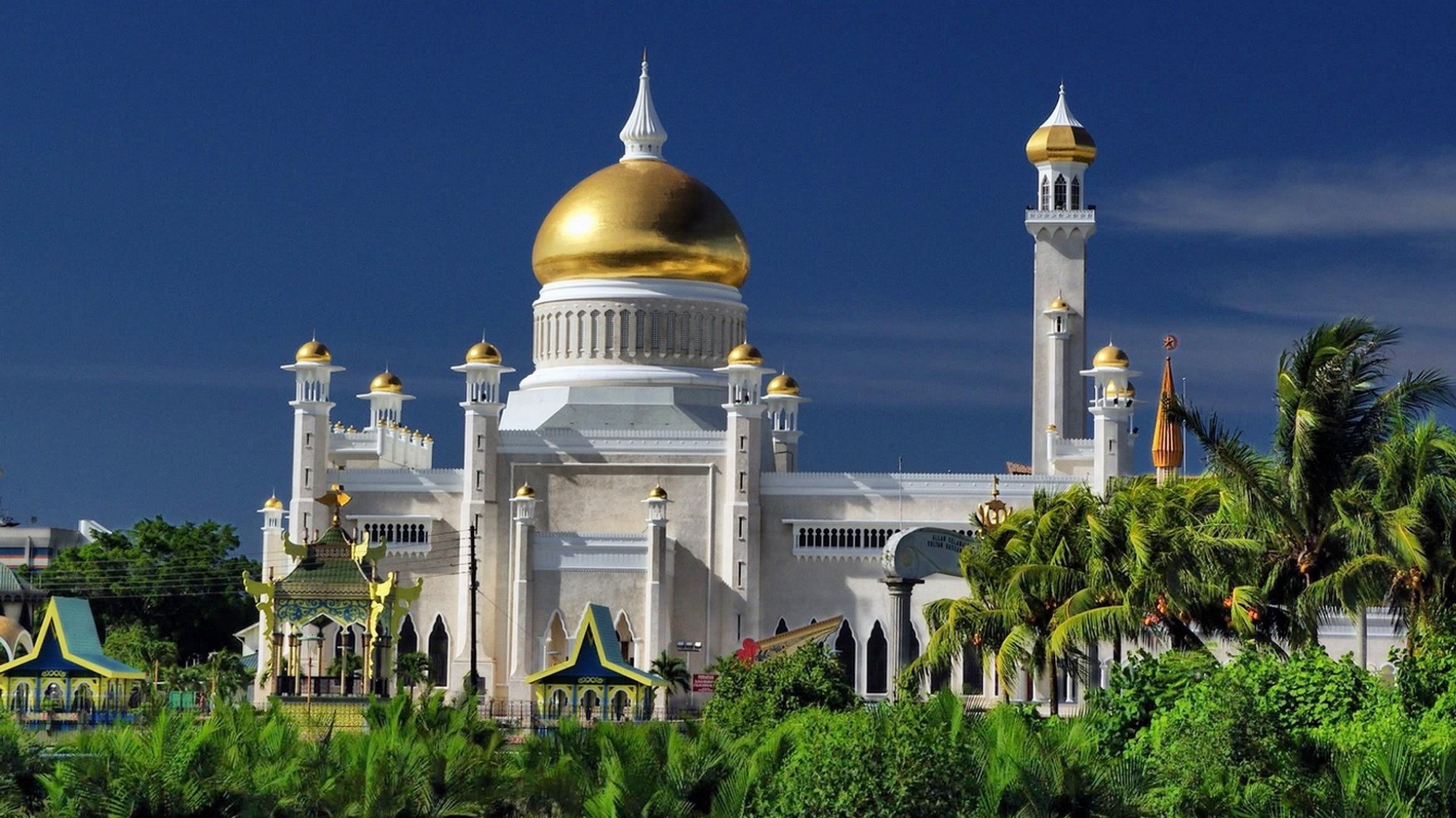 Bandar Seri Begawan Brunei Building Mosque Omar Ali Saifuddin Palm Tree Religious 1920x1080