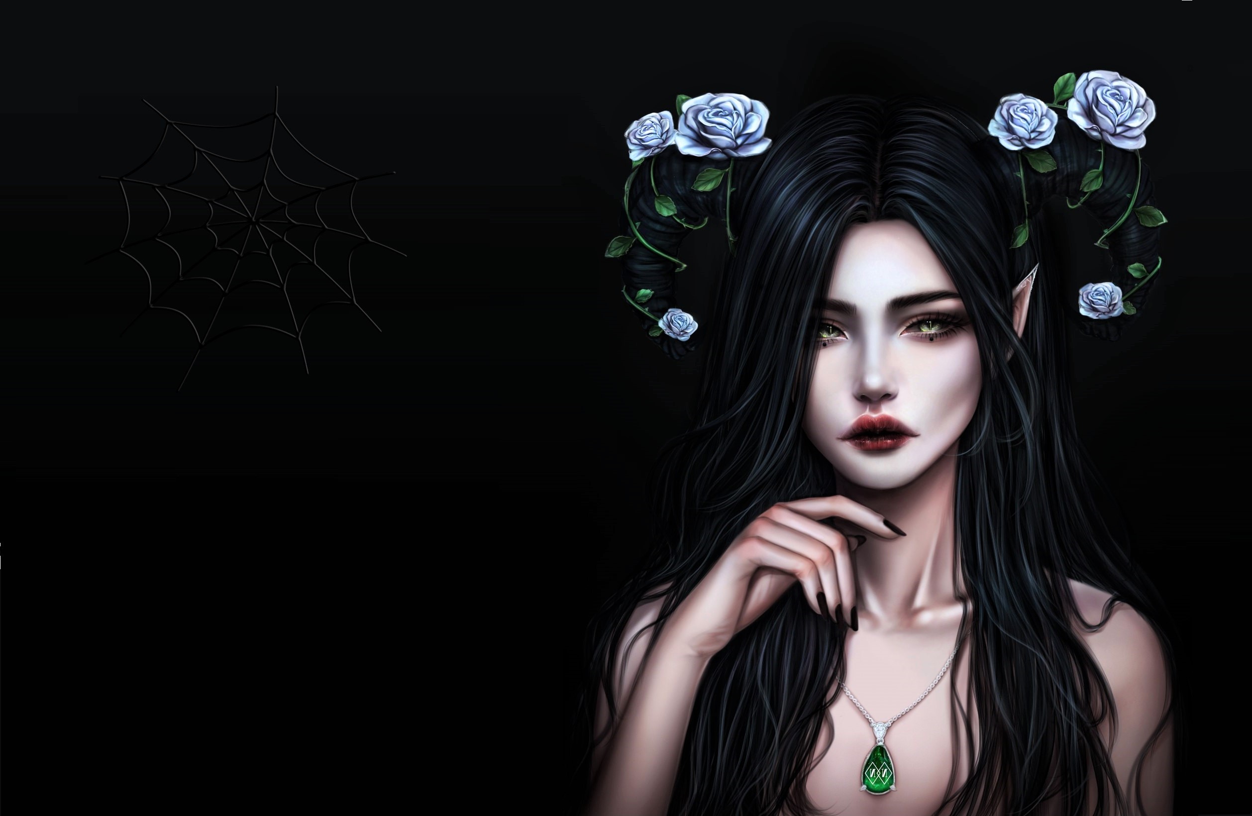 Artistic Black Hair Girl Gothic Rose Spider Web Woman 2516x1640