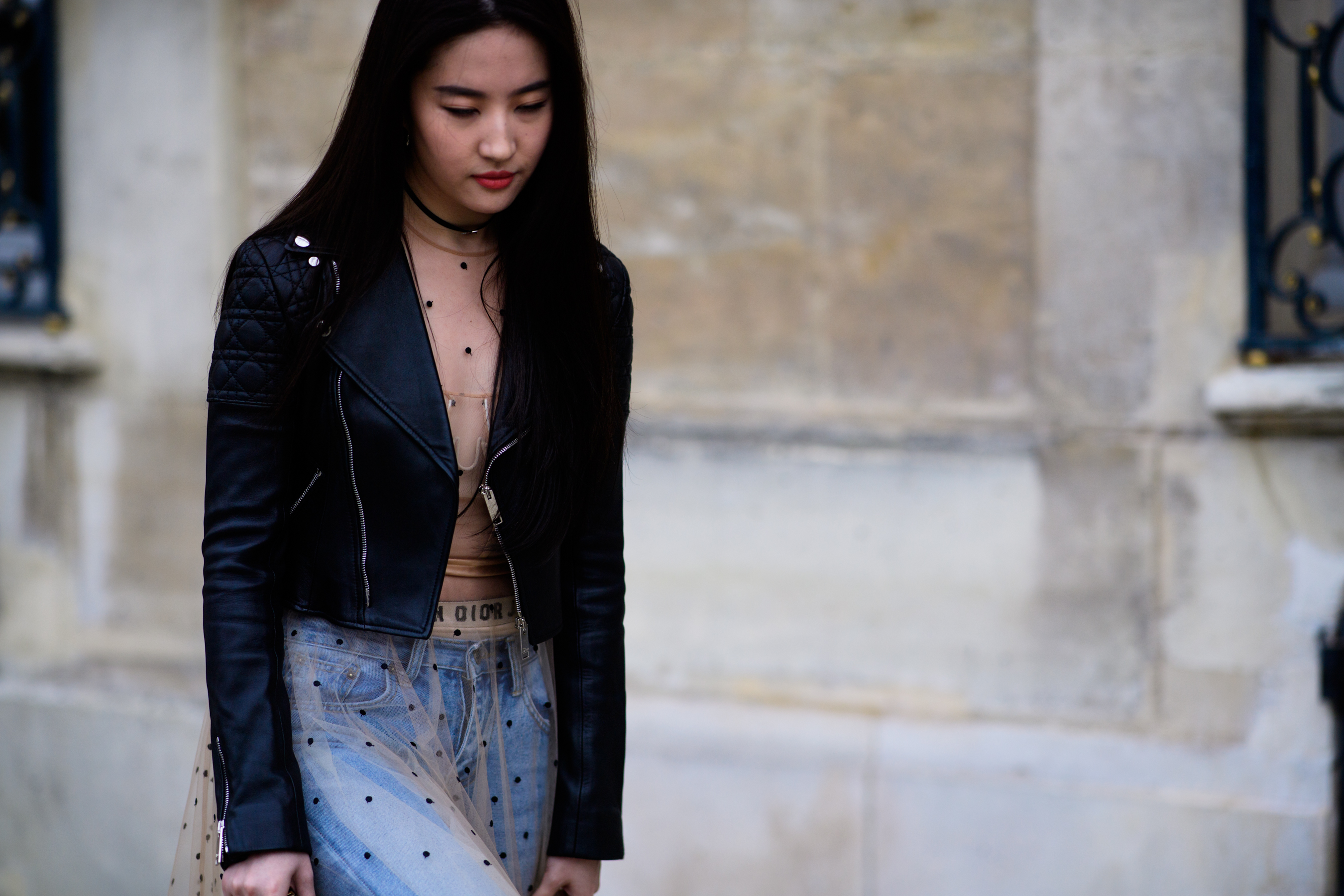 Asian Black Hair Leather Jacket Lipstick Liu Yifei Long Hair Model Woman 2700x1800