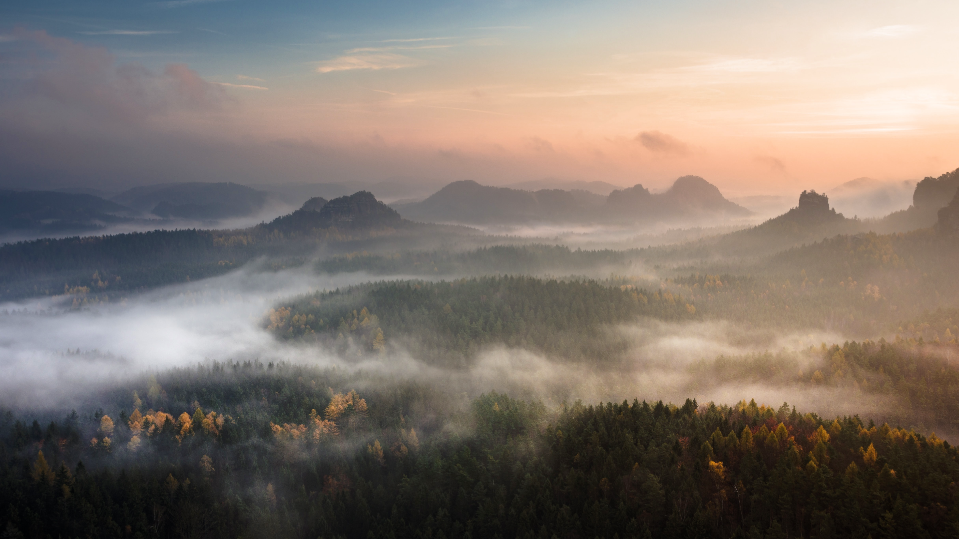 Nature Landscape Clouds Sky Mist Trees Fall Forest Far View Saxon Switzerland Switzerland 1920x1080