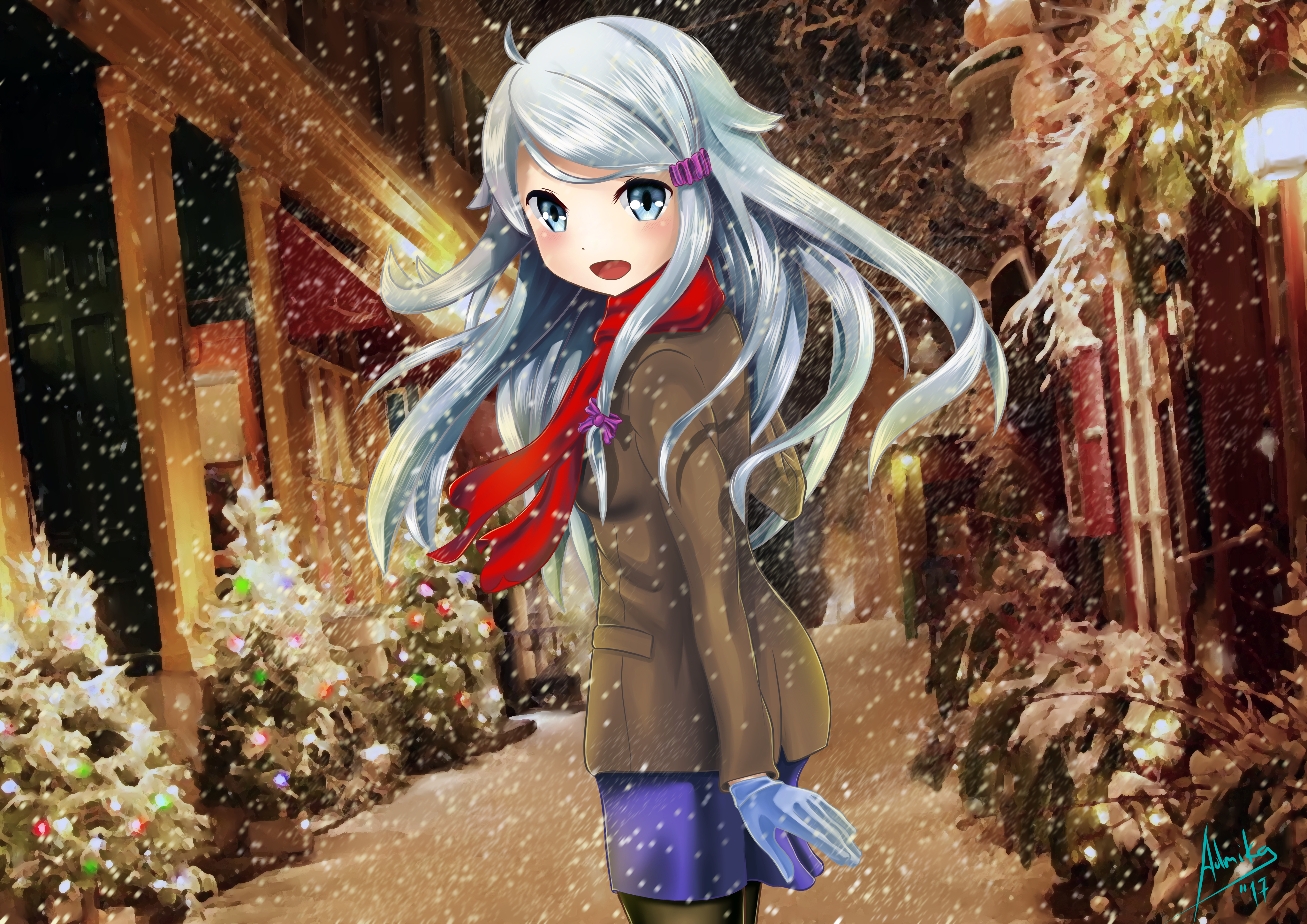 Christmas Coat Girl Glove Grey Eyes Imouto Sae Ireba Ii Long Hair Nayuta Kani Scarf Snow White Hair 4093x2894