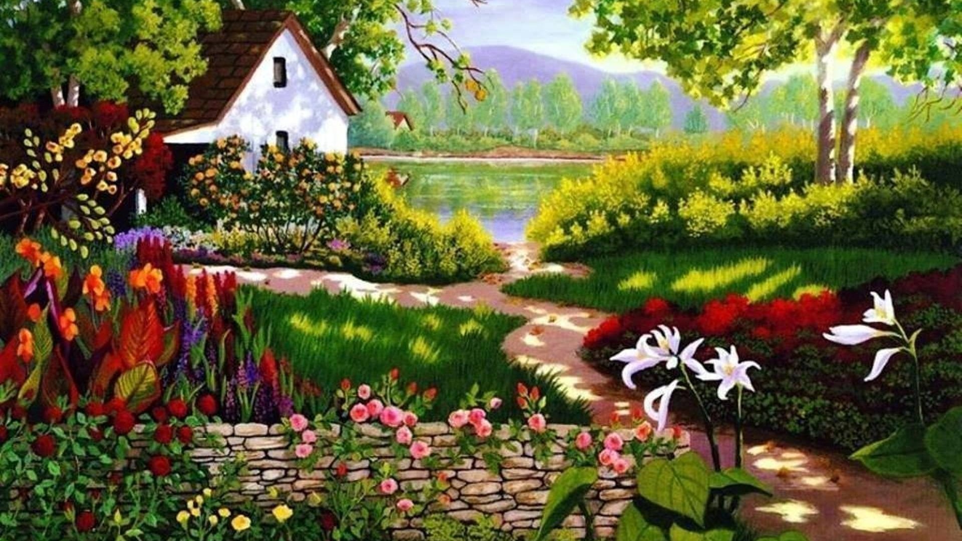 Artistic Flower House Lake Painting Spring 1920x1080