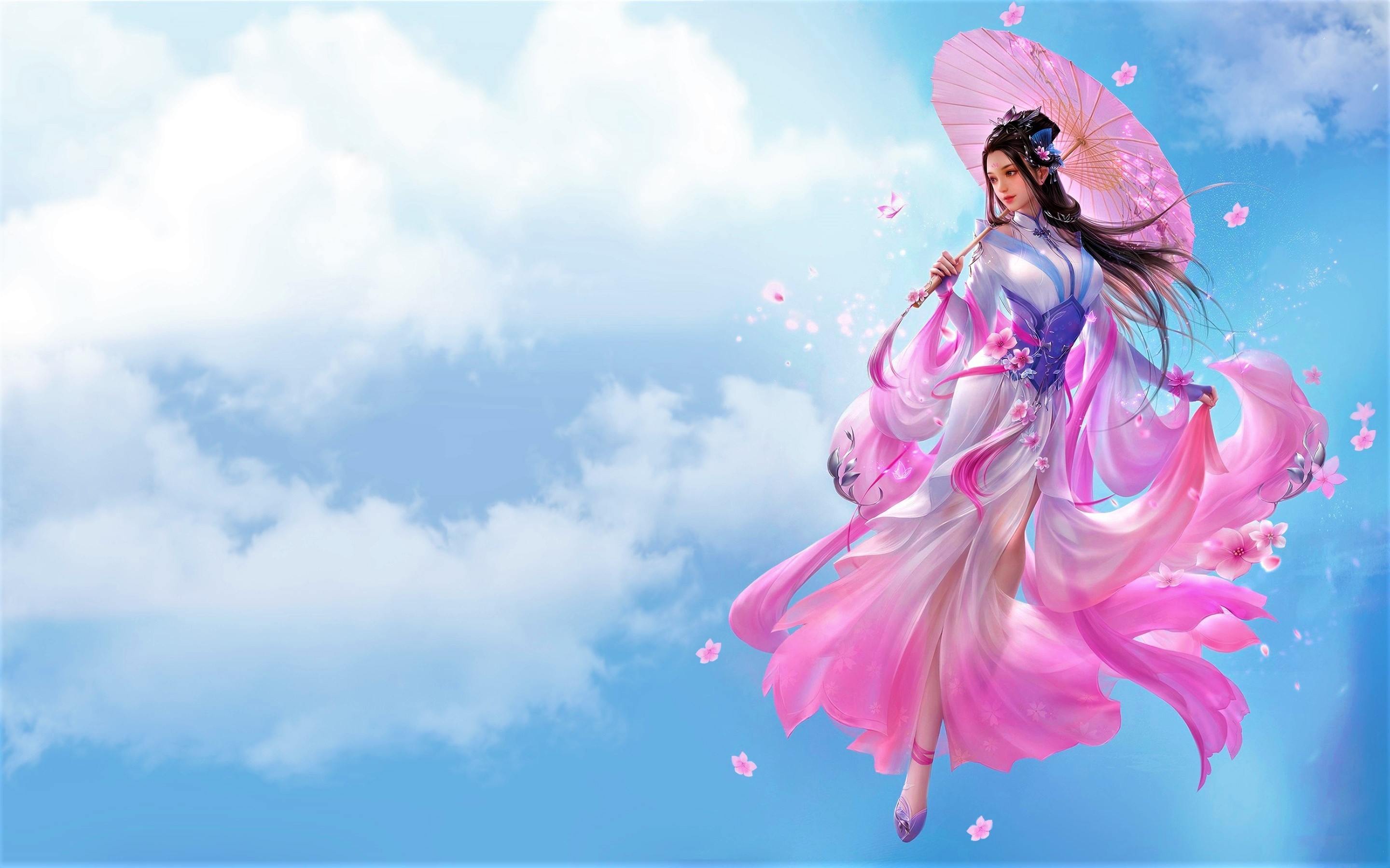 Asian Black Hair Fantasy Girl Long Hair Parasol Woman 2880x1800