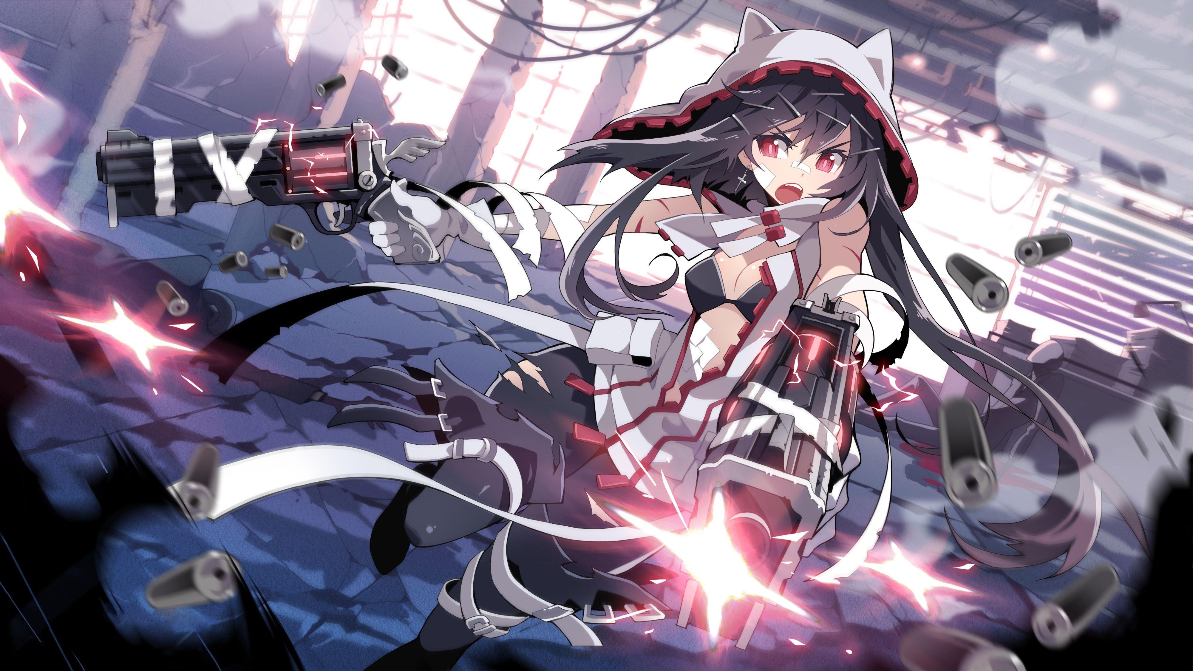 Anime Red Eyes Anime Girls Revolvers Cat Ears Shooting Weapon 4000x2250