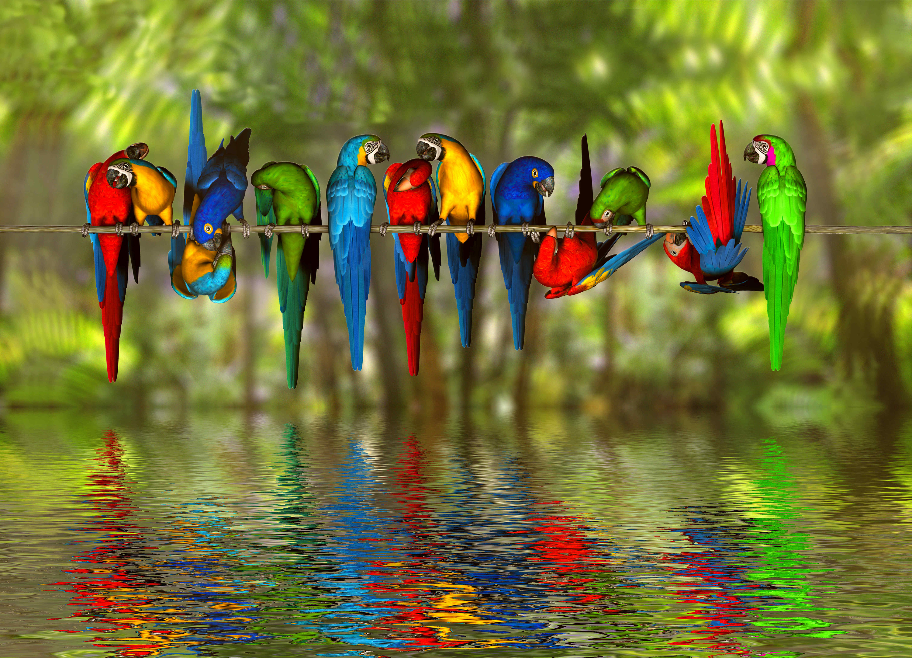 Artistic Bird Colorful Colors Macaw Reflection Water 3000x2163