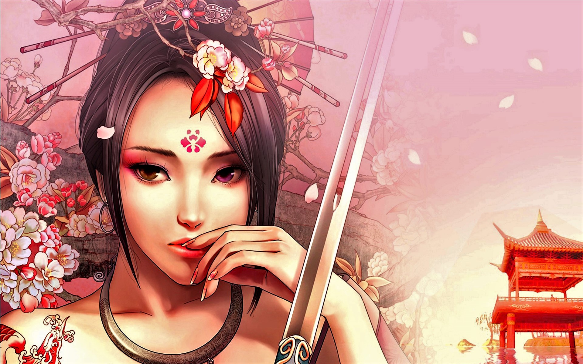 Asian Fantasy Flower Girl Pagoda Sword Woman 1920x1200