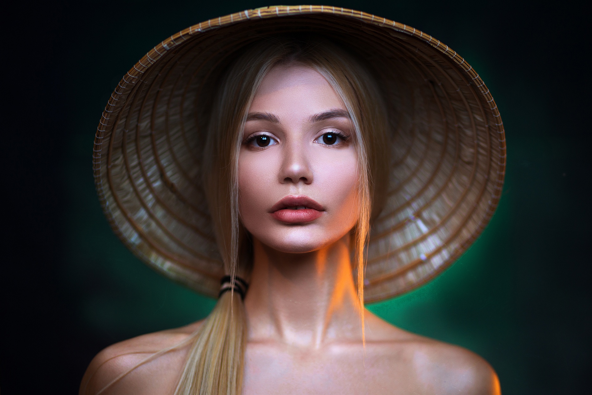 Asian Conical Hat Blonde Brown Eyes Face Girl Lipstick Model Woman 1920x1280