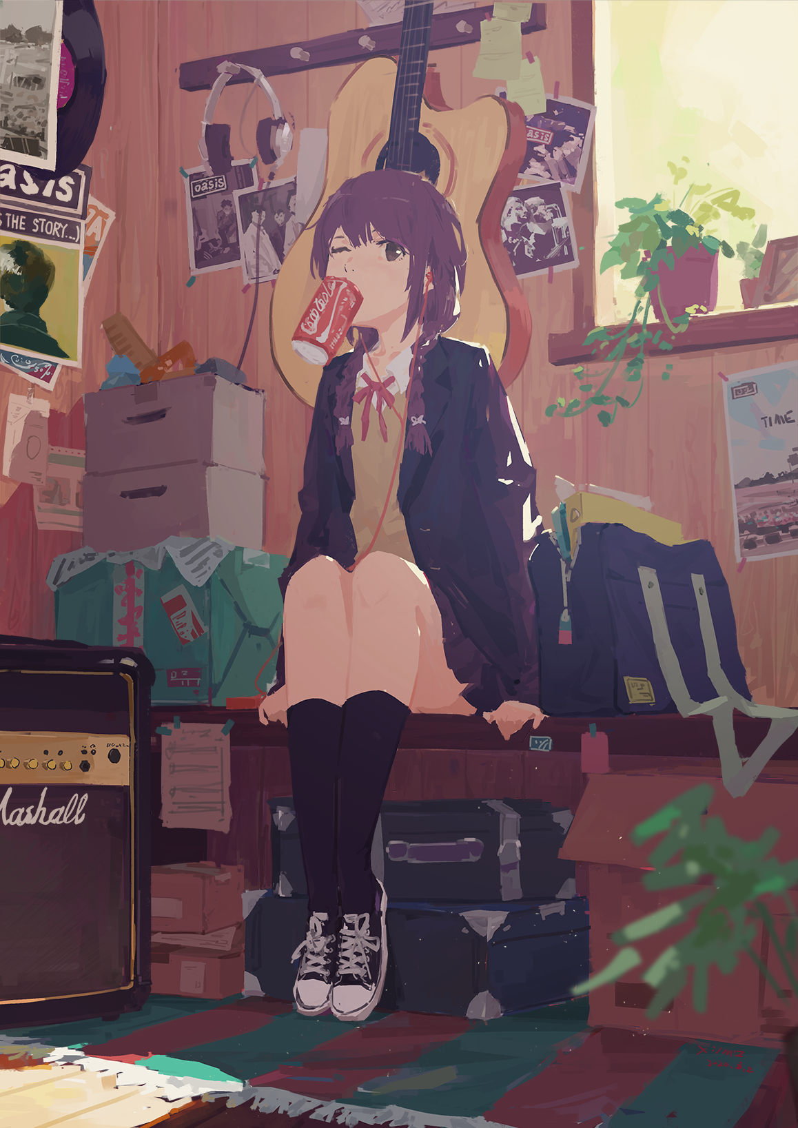 XilmO Anime Anime Girls Artwork Guitar Headphones Coca Cola 1158x1637