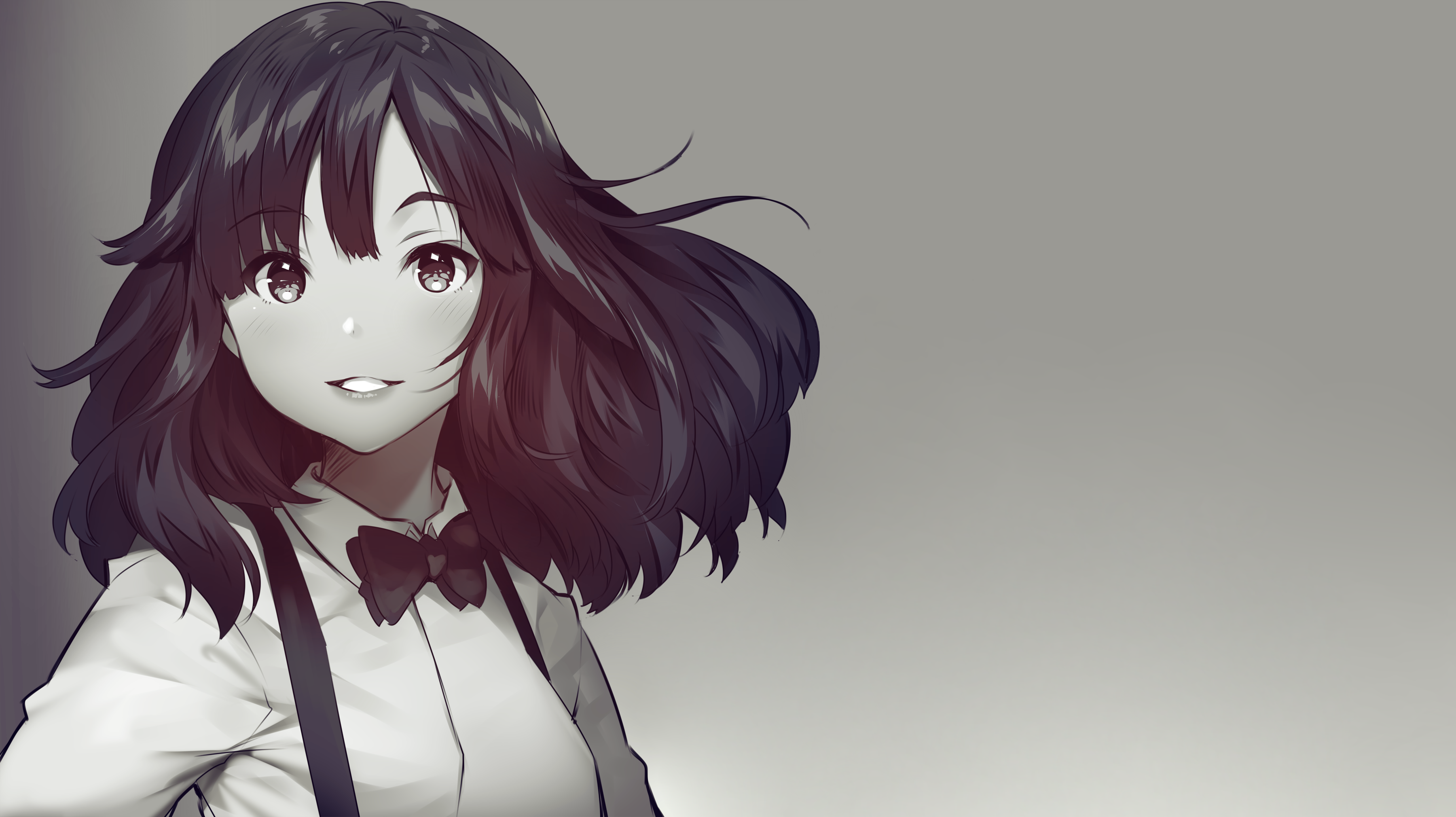 Anime Black Hair Dark Hair Gray Background Bow Tie Anime Girls Smile Plastic Love 3600x2020