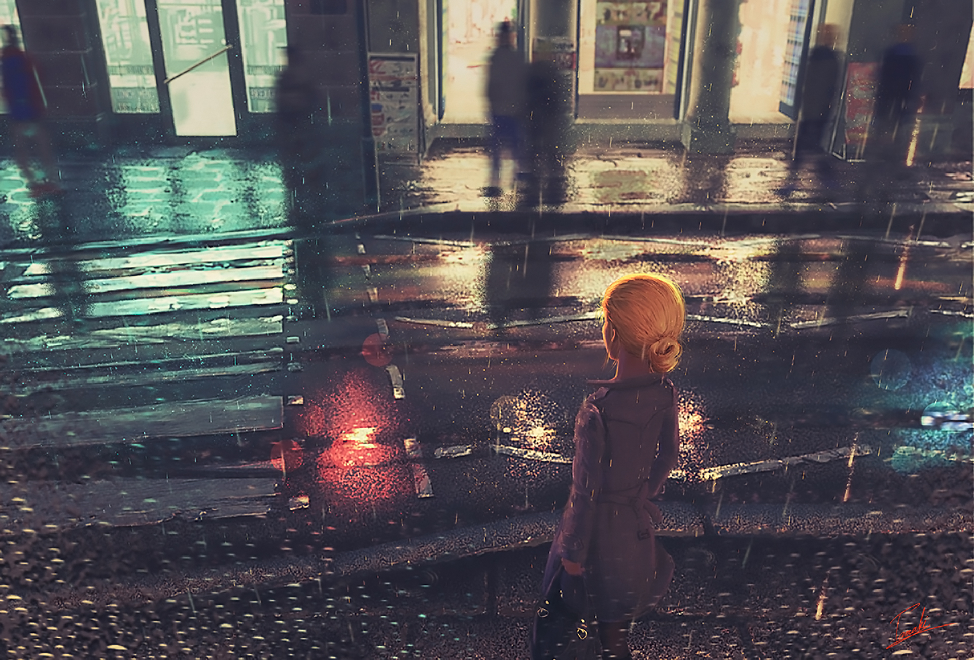 Blonde Girl Rain Reflection Street 1920x1301