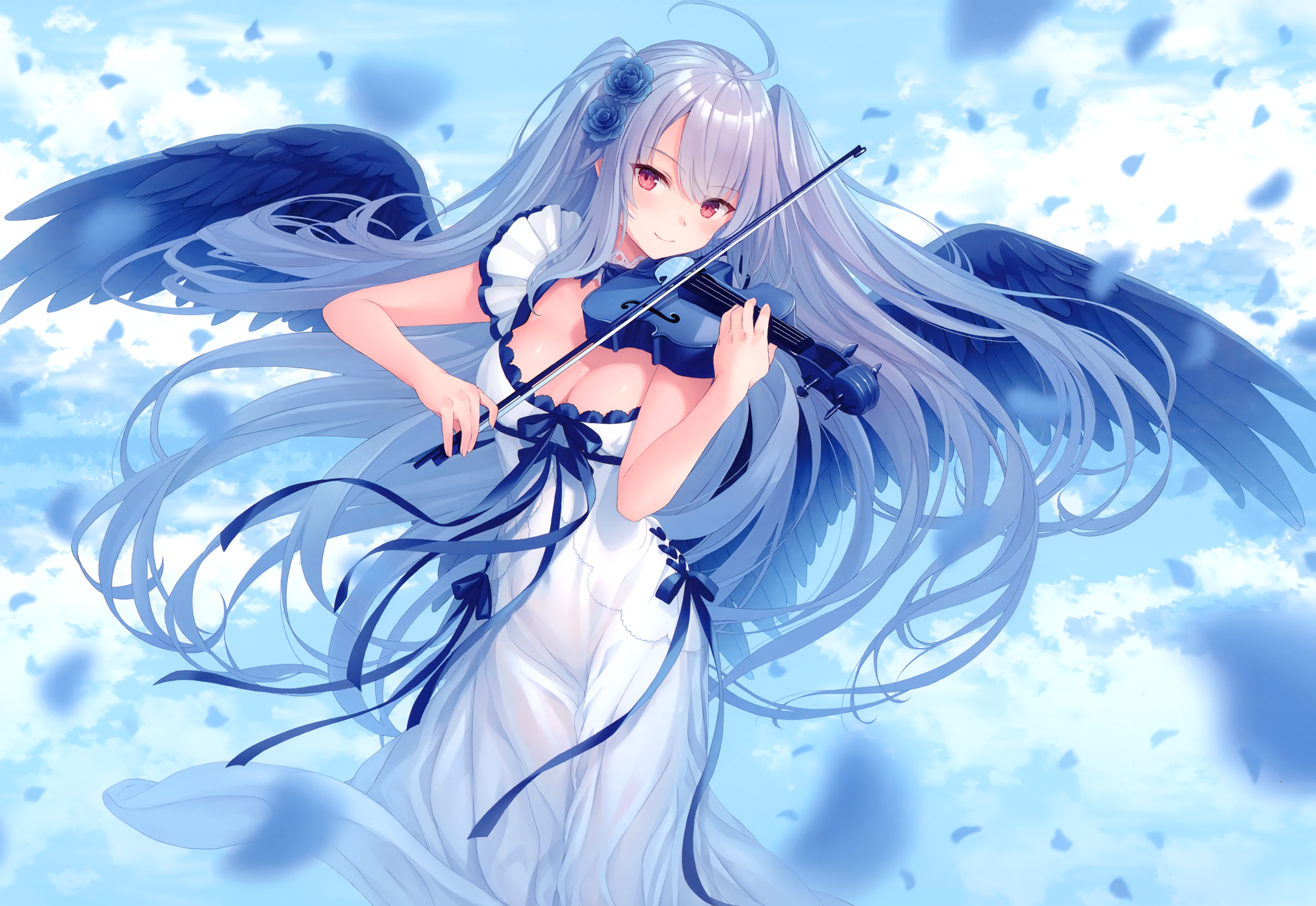 Dress Violin Instrument Sky Wings White Dress Flowers Grey Hair Anime 3426x2359