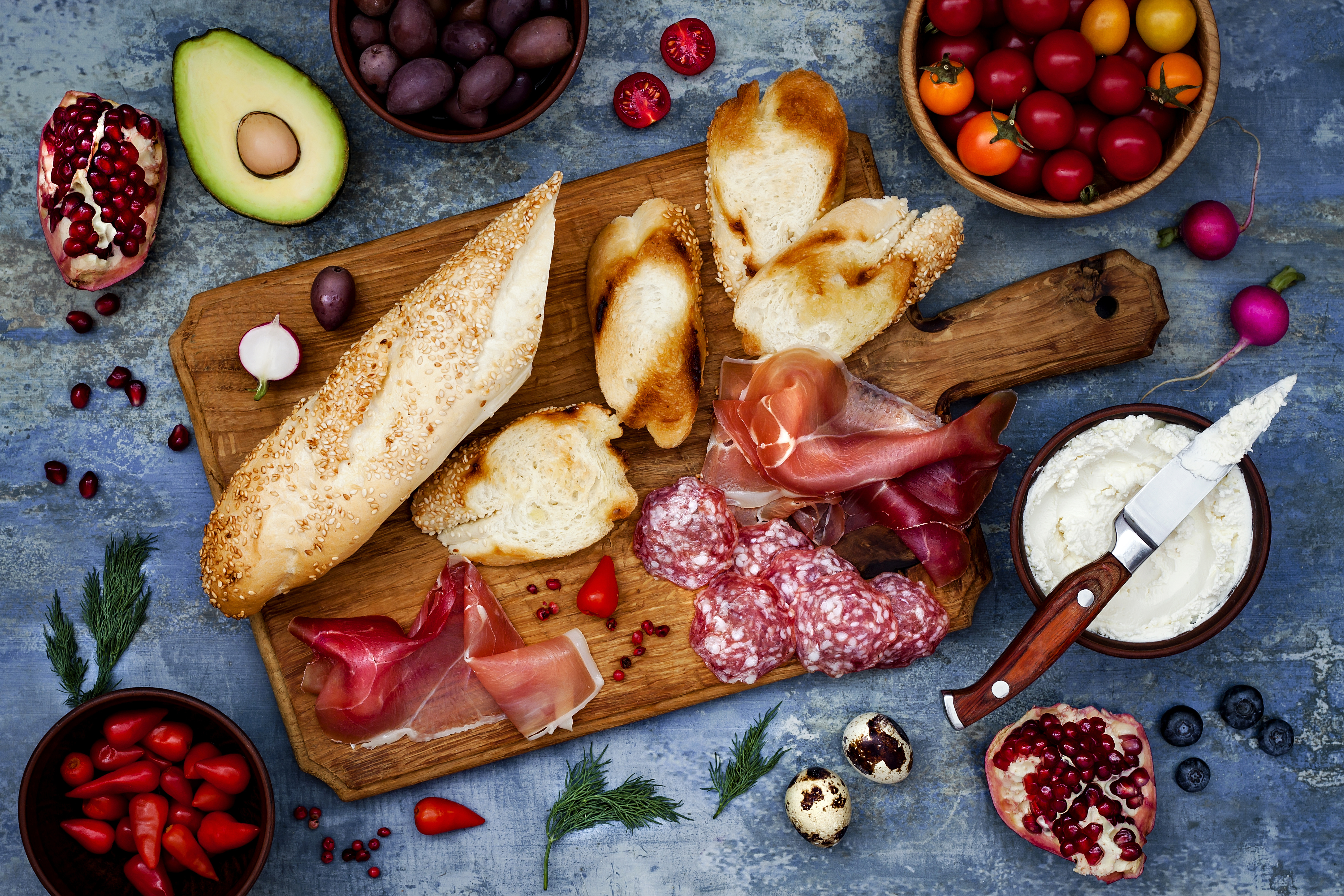 Bread Fruit Meat Salami Still Life 4752x3168