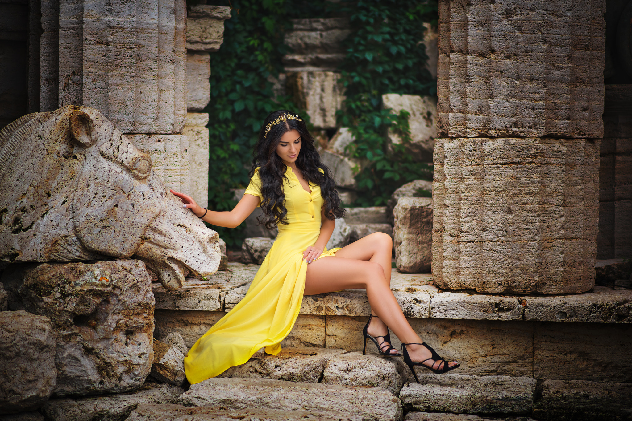 Evgeny Smaltsuga Women Yellow Clothing Dark Hair Long Hair Hair Accessories Dress Yellow Dress Pilla 2048x1367