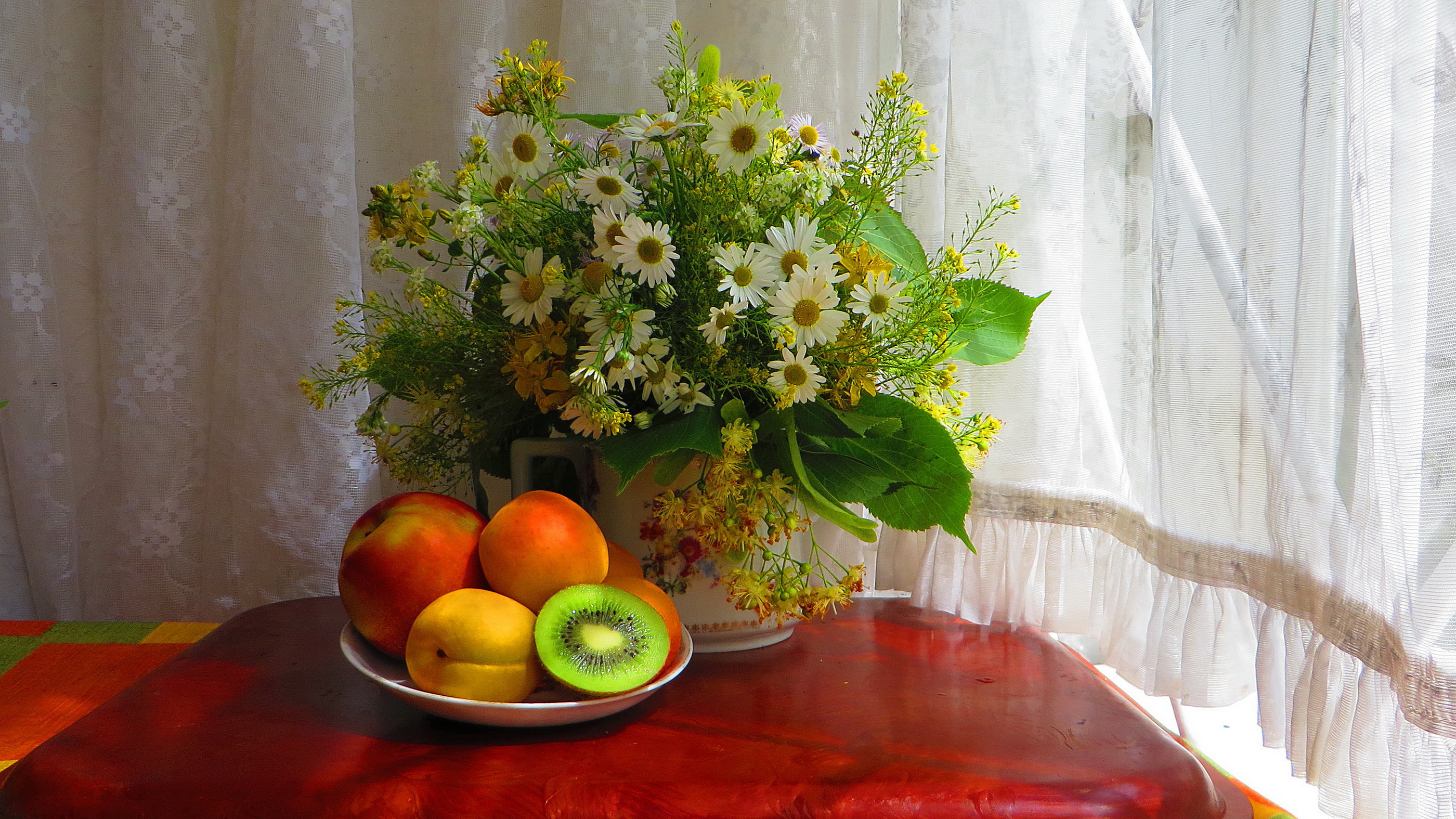 Bowl Curtain Daisy Flower Fruit Still Life Vase 2800x1575