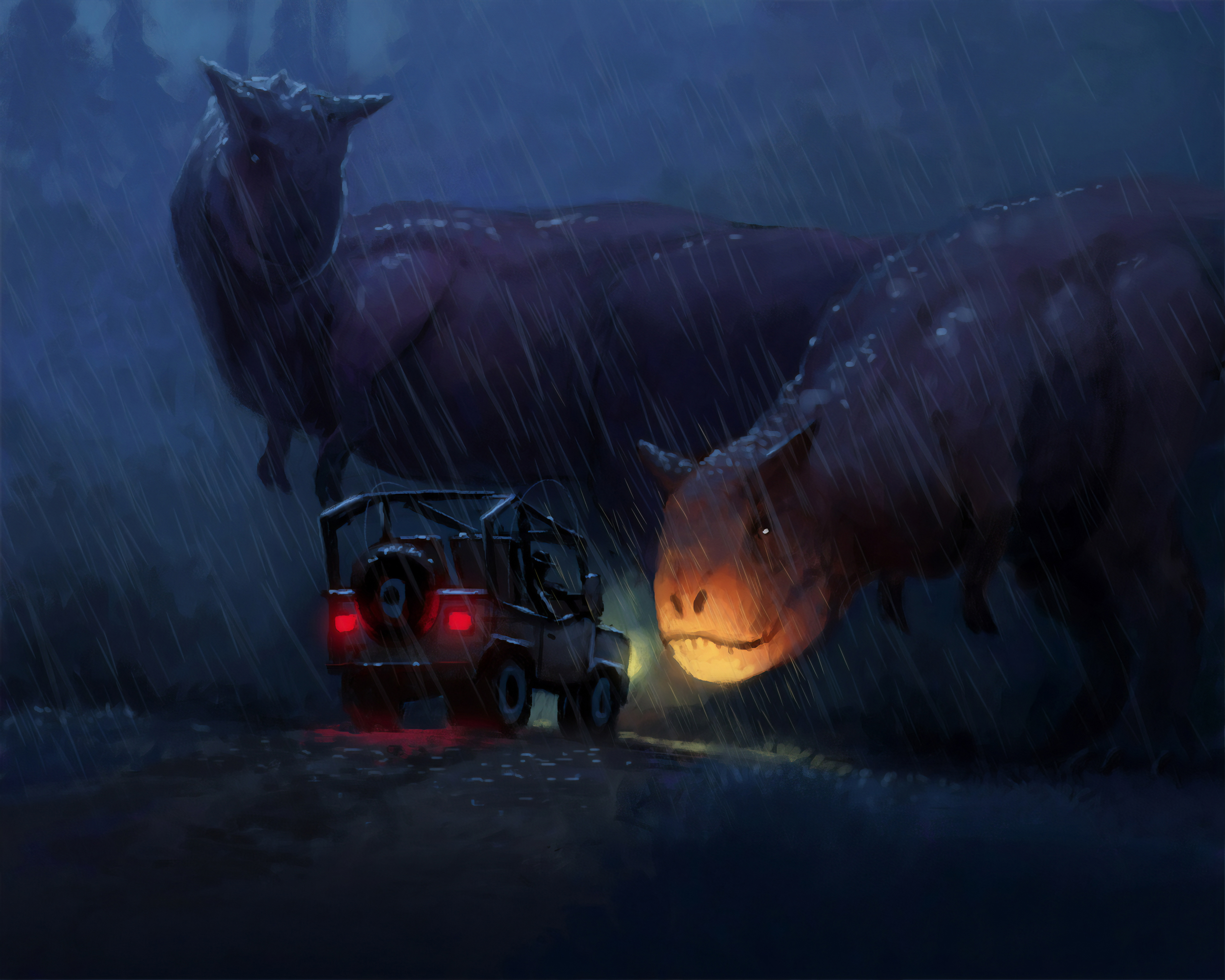 Dinosaur Jeep Night Rain 3840x3072