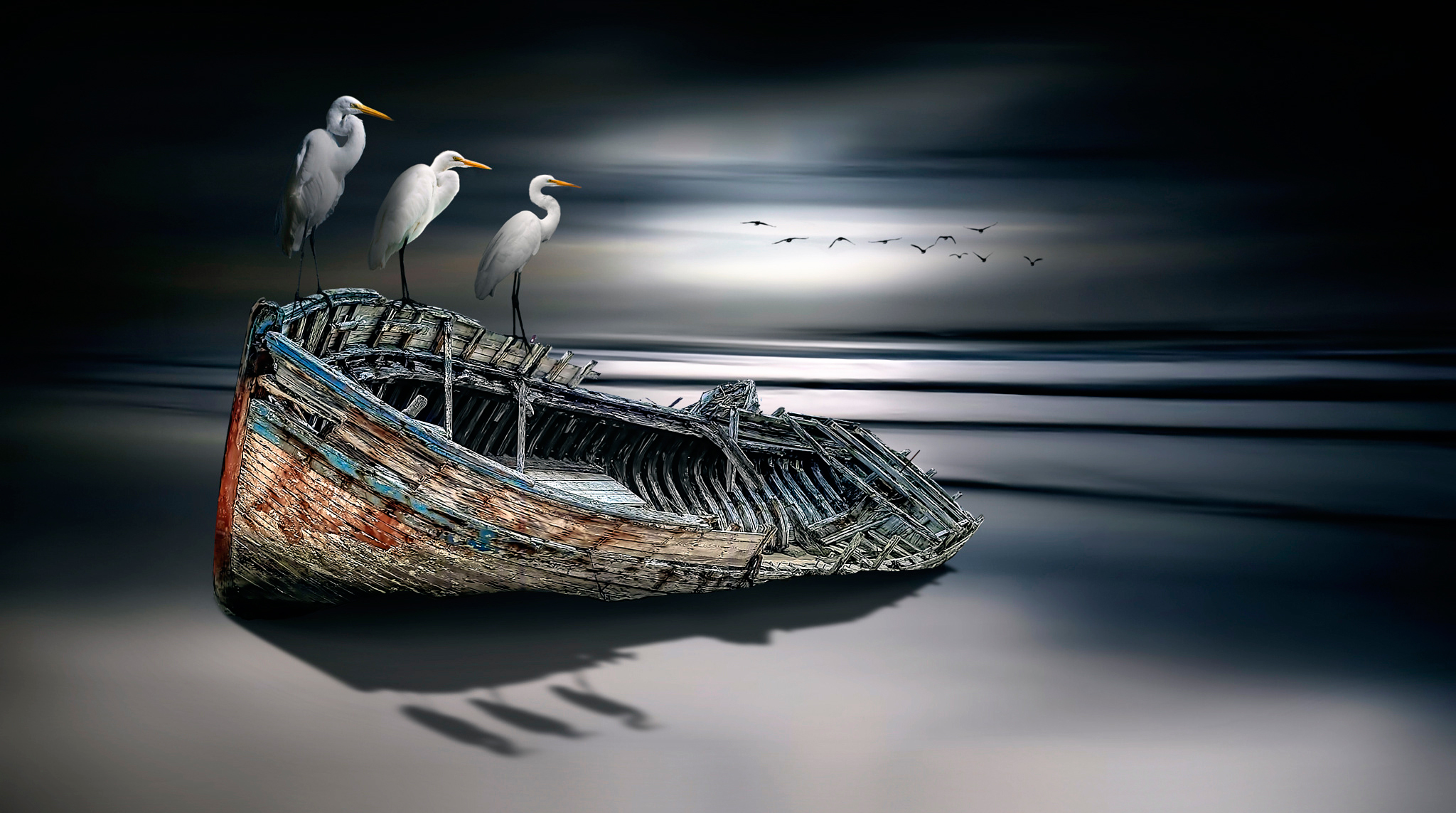 Artistic Beach Bird Boat Crane Painting 2048x1143
