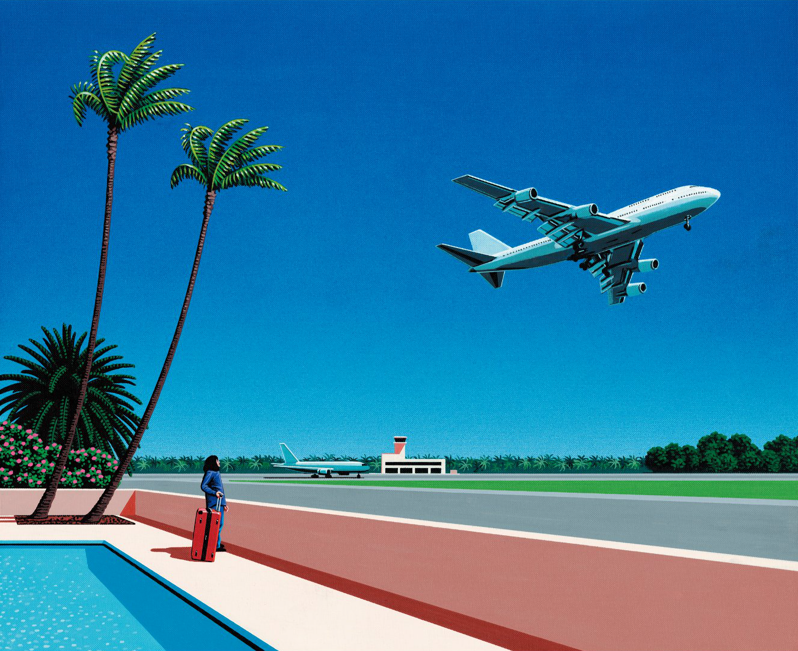 Hiroshi Nagai Retrowave Painting Palm Trees Airplane Swimming Pool 2655x2167