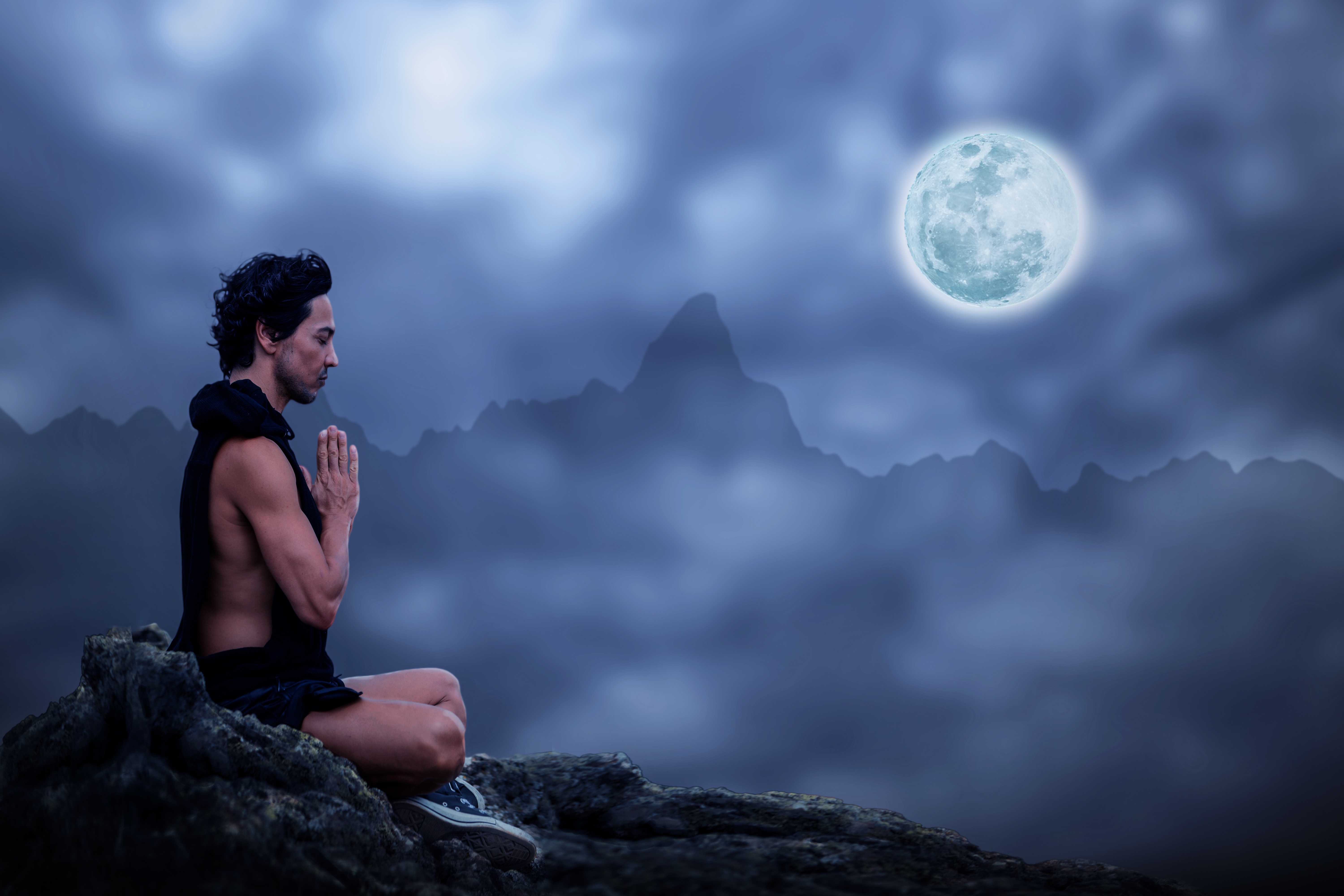 Man Meditation Moon Mountain Night Yoga 6000x4000