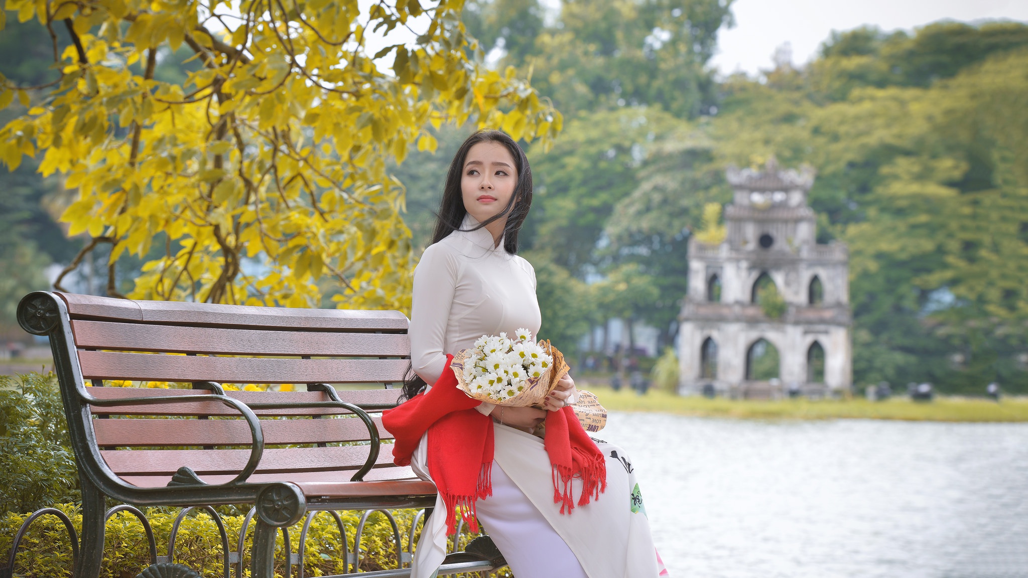 Asian Bench Bouquet Brunette Depth Of Field Girl Model Traditional Costume Woman 2048x1152
