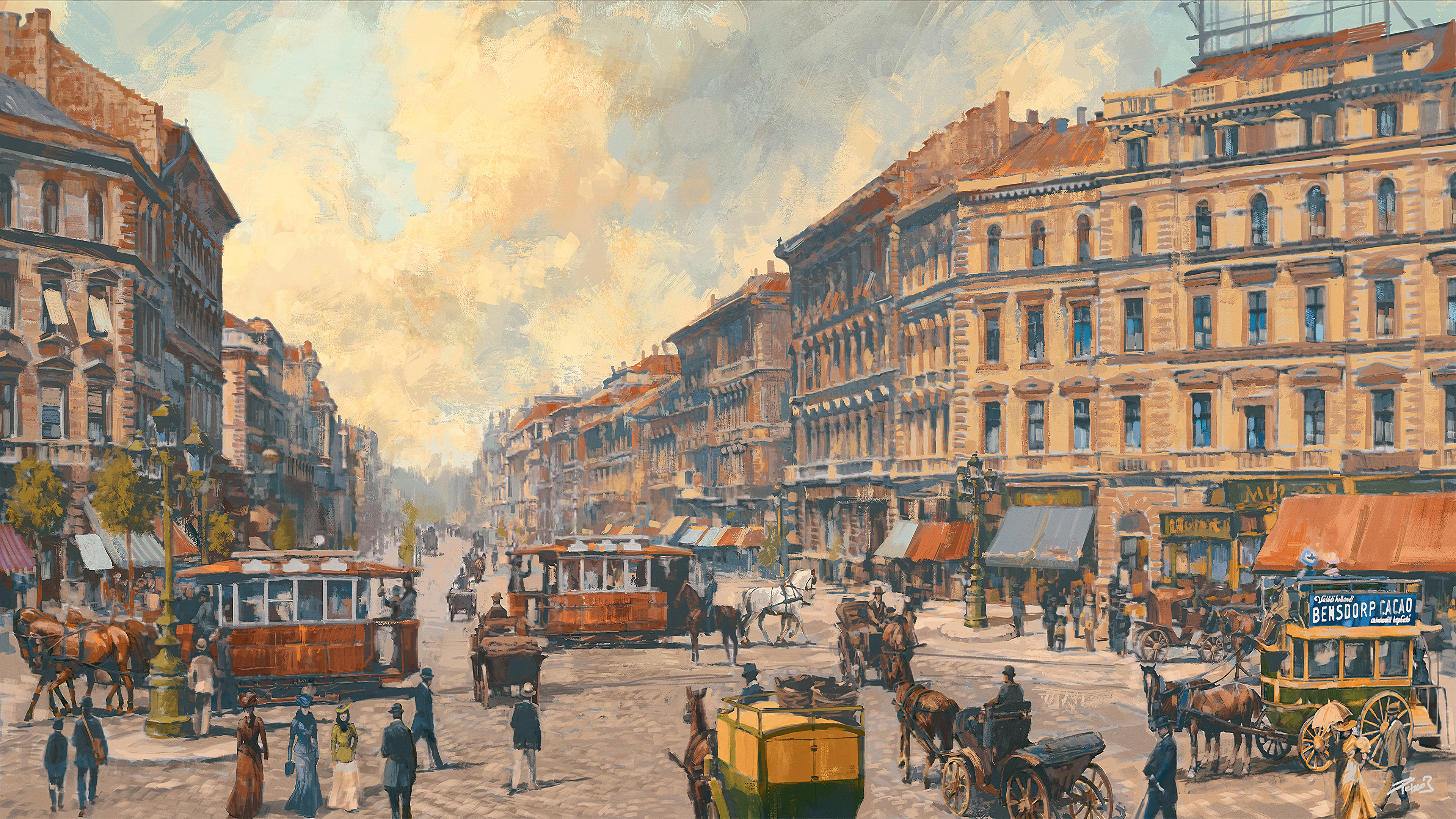 Artwork Painting Tram Building People Stores Budapest Balazs Pethe 3840x2160