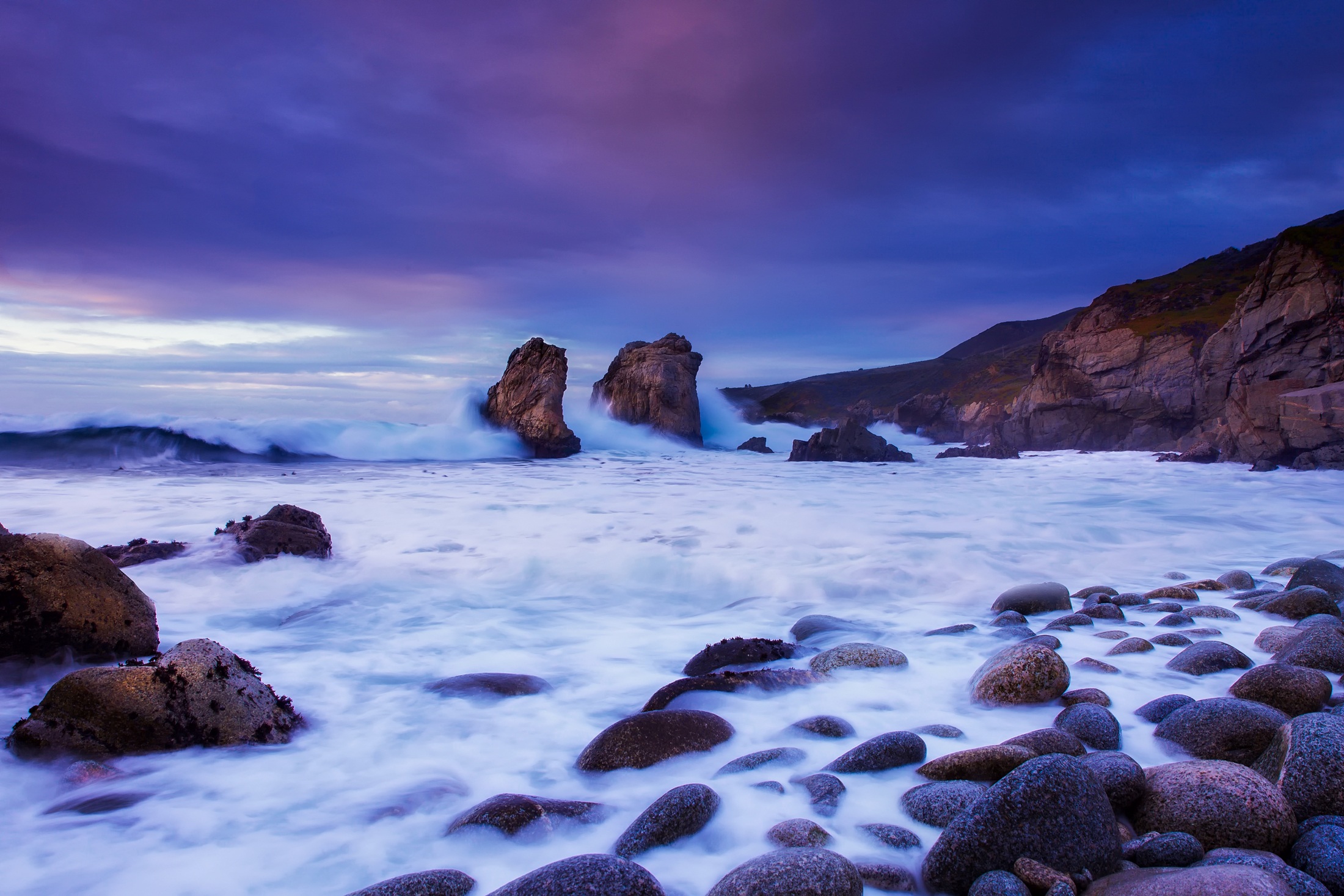 California Coast Nature Ocean Pebbles Rock Sea Seashore Wave 2200x1467
